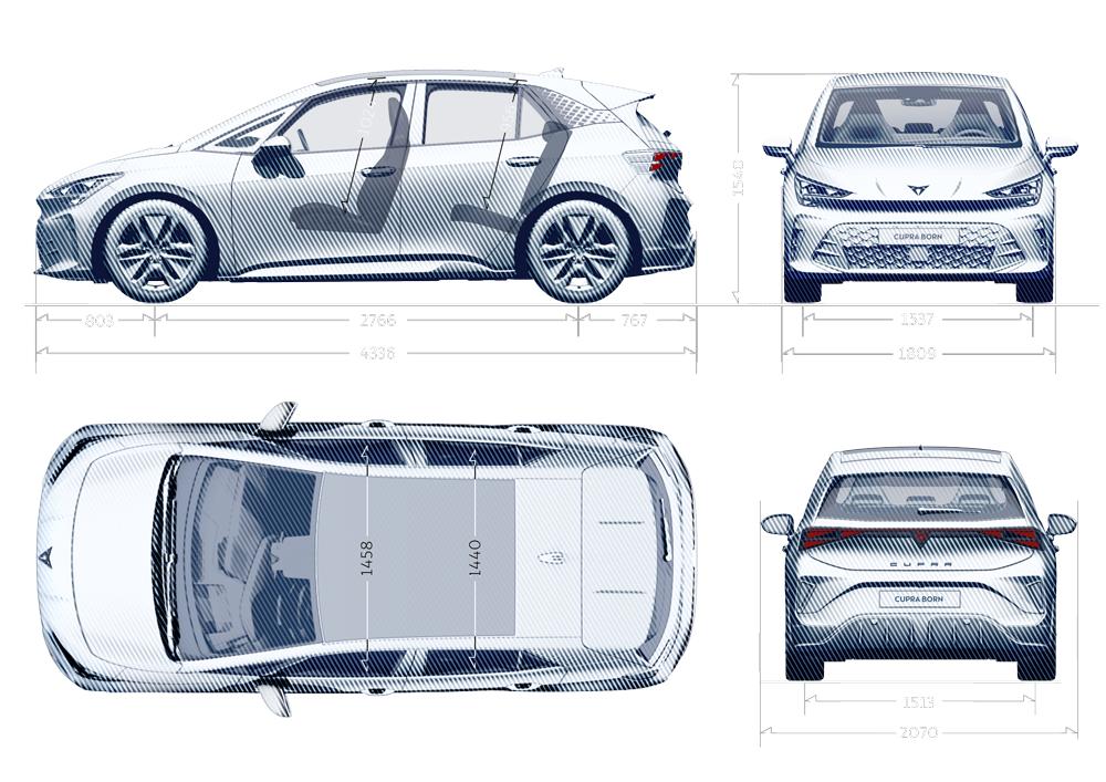 Detalhes das dimensões do CUPRA Born.