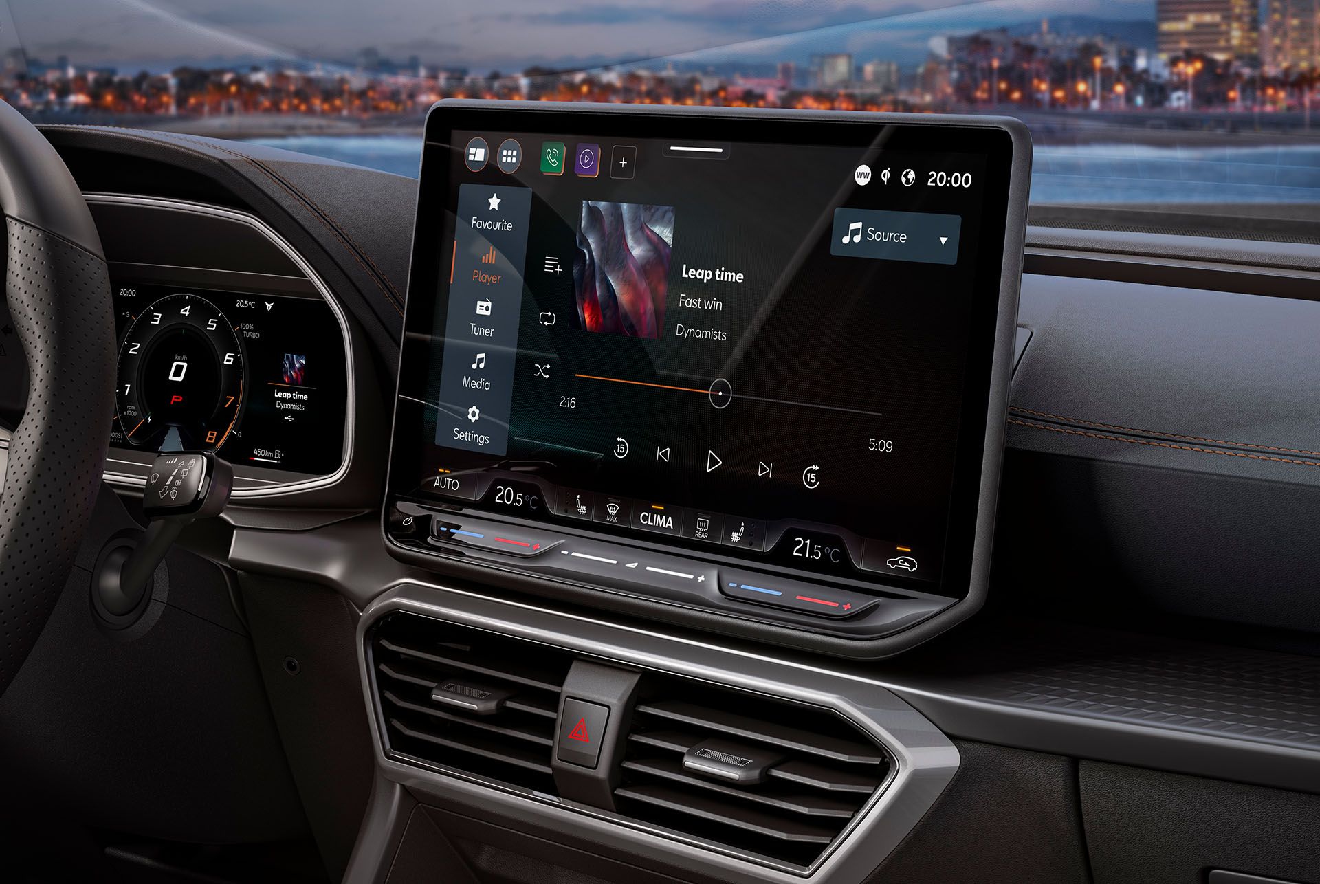Vista do interior do novo CUPRA Formentor com um volante em pele e um sistema de infotenimento que mostra as definições de multimédia e de controlo da climatização