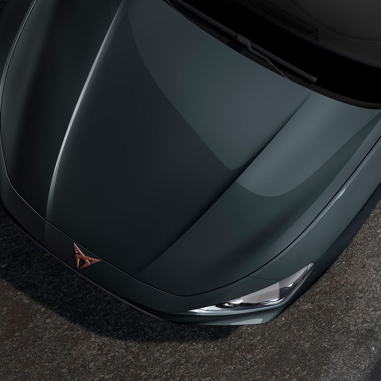bird’s eye view of fiord blue new Cupra Leon 2025 car hood