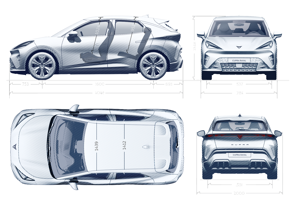 Detalhes das dimensões do CUPRA Raval Endurance.