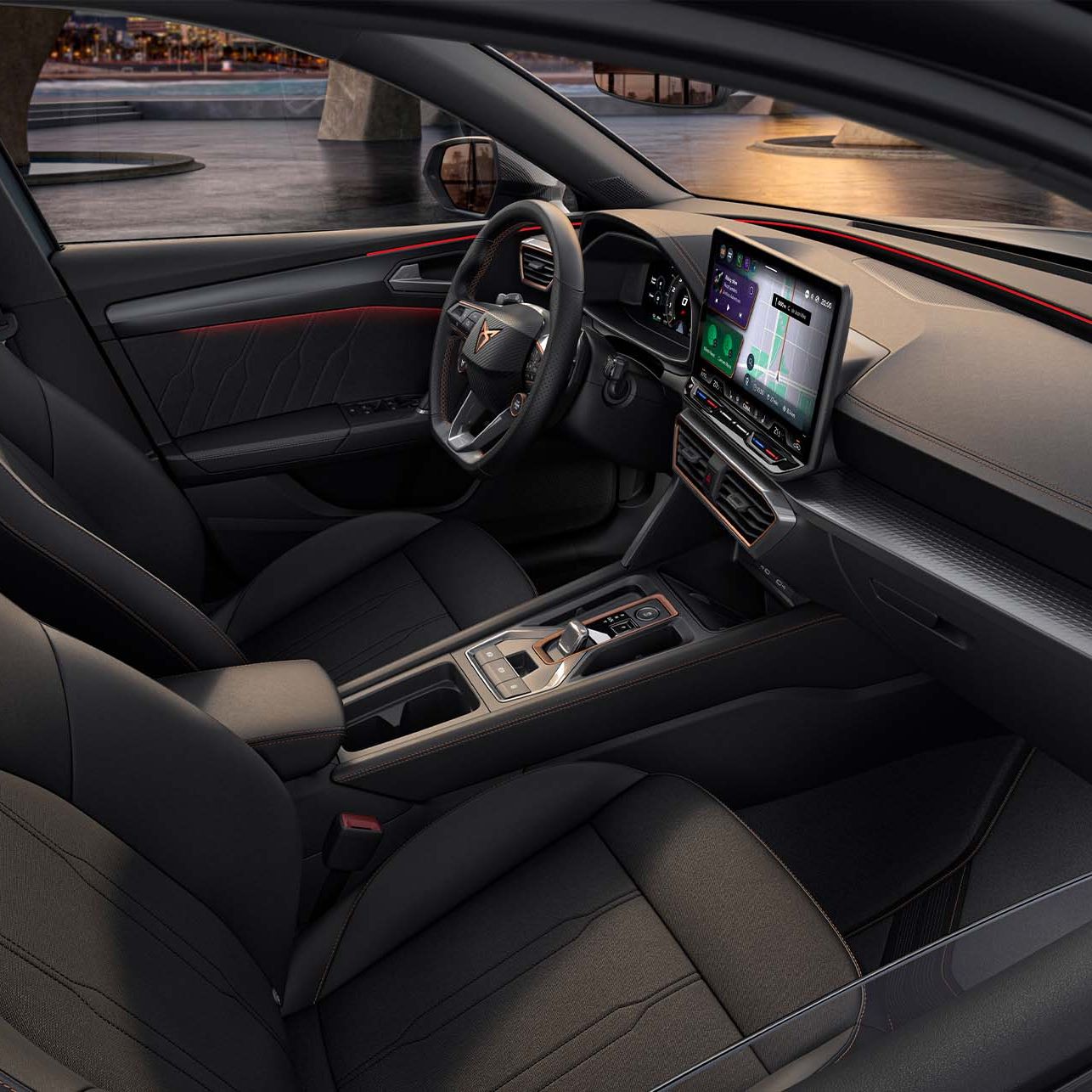 novo cupra leon sportstourer design interior dinâmico, bancos desportivos, iluminação ambiente, infoentretenimento