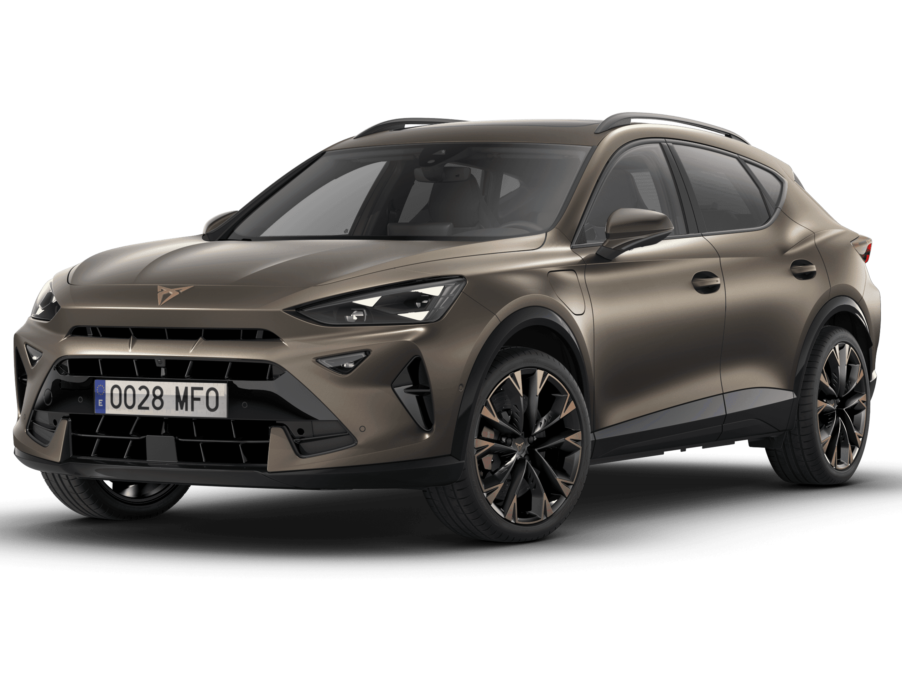 Vista frontal de três quartos do CUPRA Formentor 2025 em bronze mate, com destaque para o design, detalhes em cobre e acabamento mate