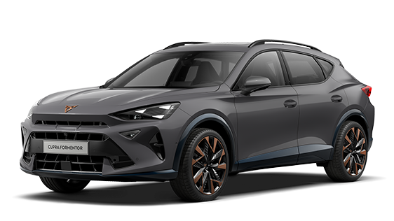 Parte da frente do novo CUPRA Formentor em cinzento graphene com jantes em cobre, logótipo CUPRA e faróis com olhos triangulares