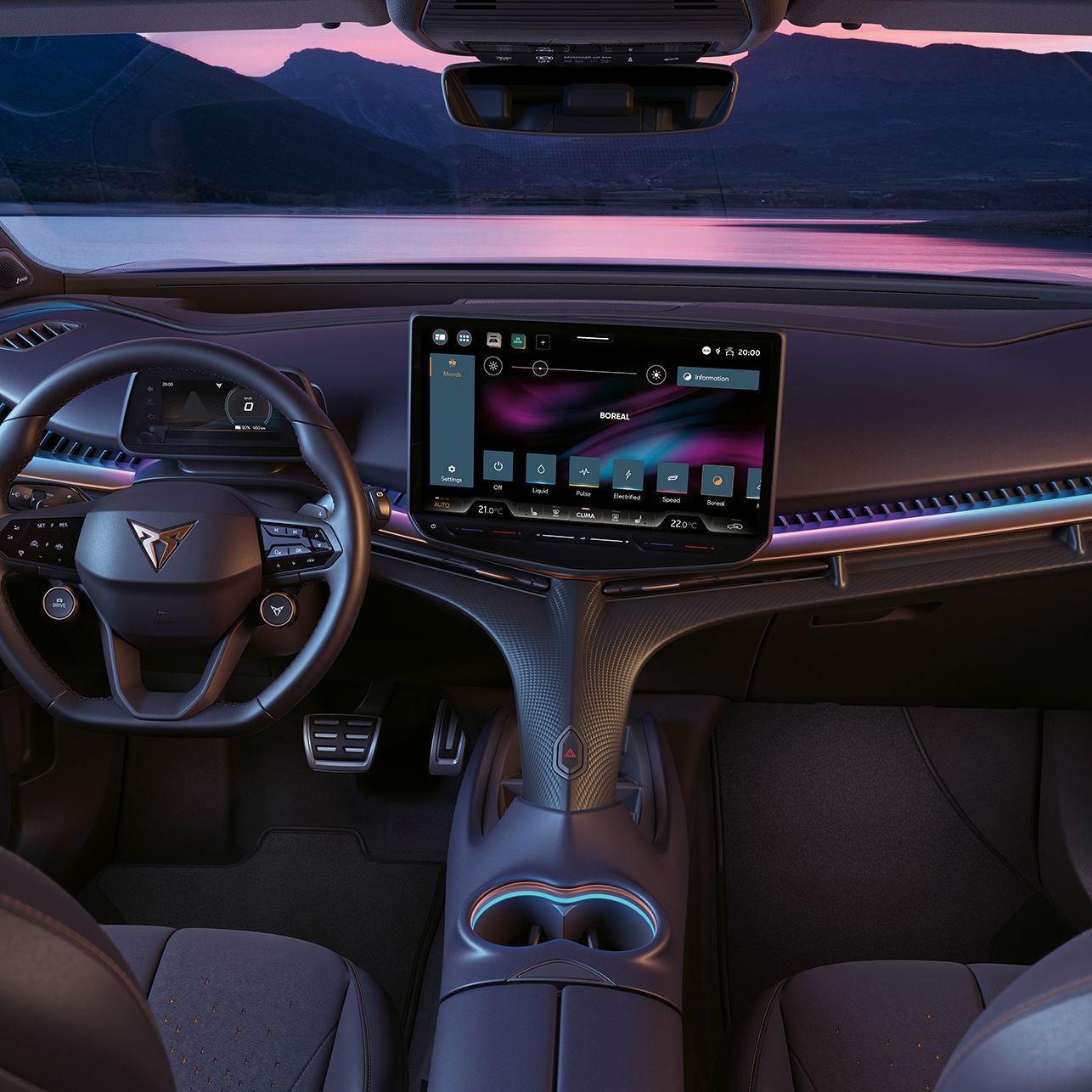 banco do condutor, tablier e sistema de informação e entretenimento do novo cupra tavascan