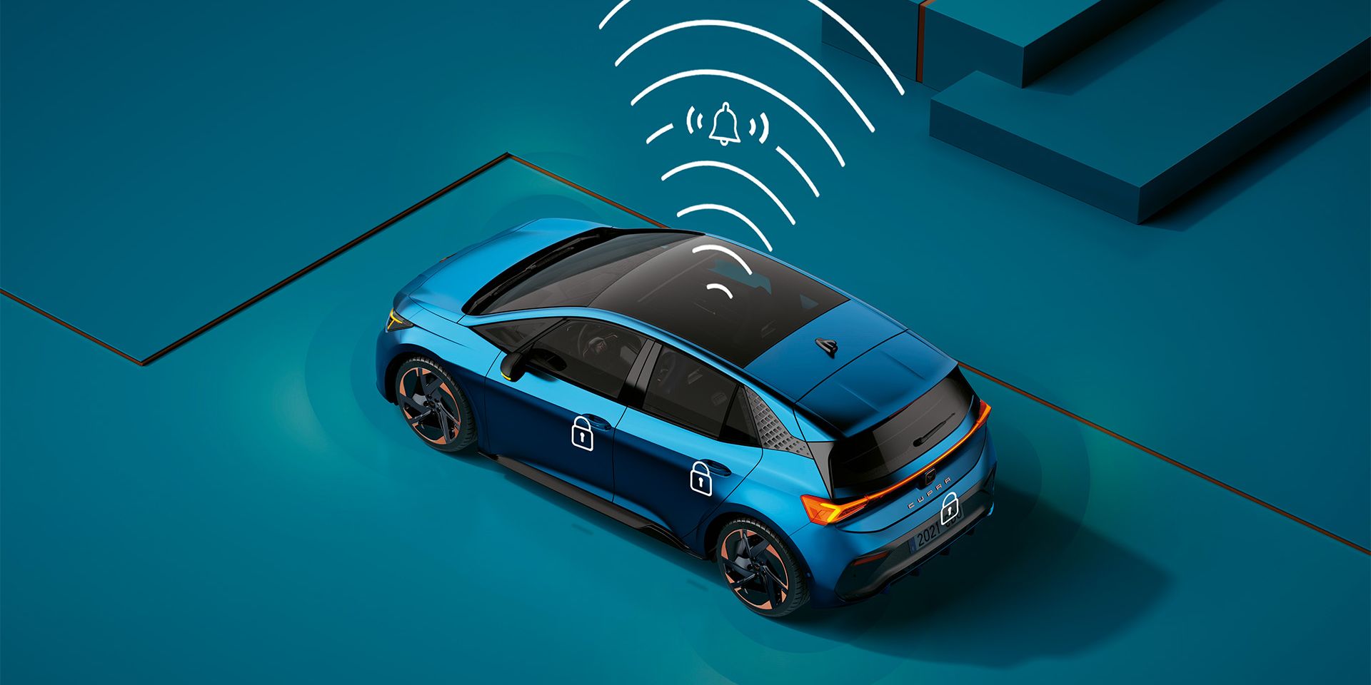 CUPRA Born na cor azul aurora com sistema de alarme