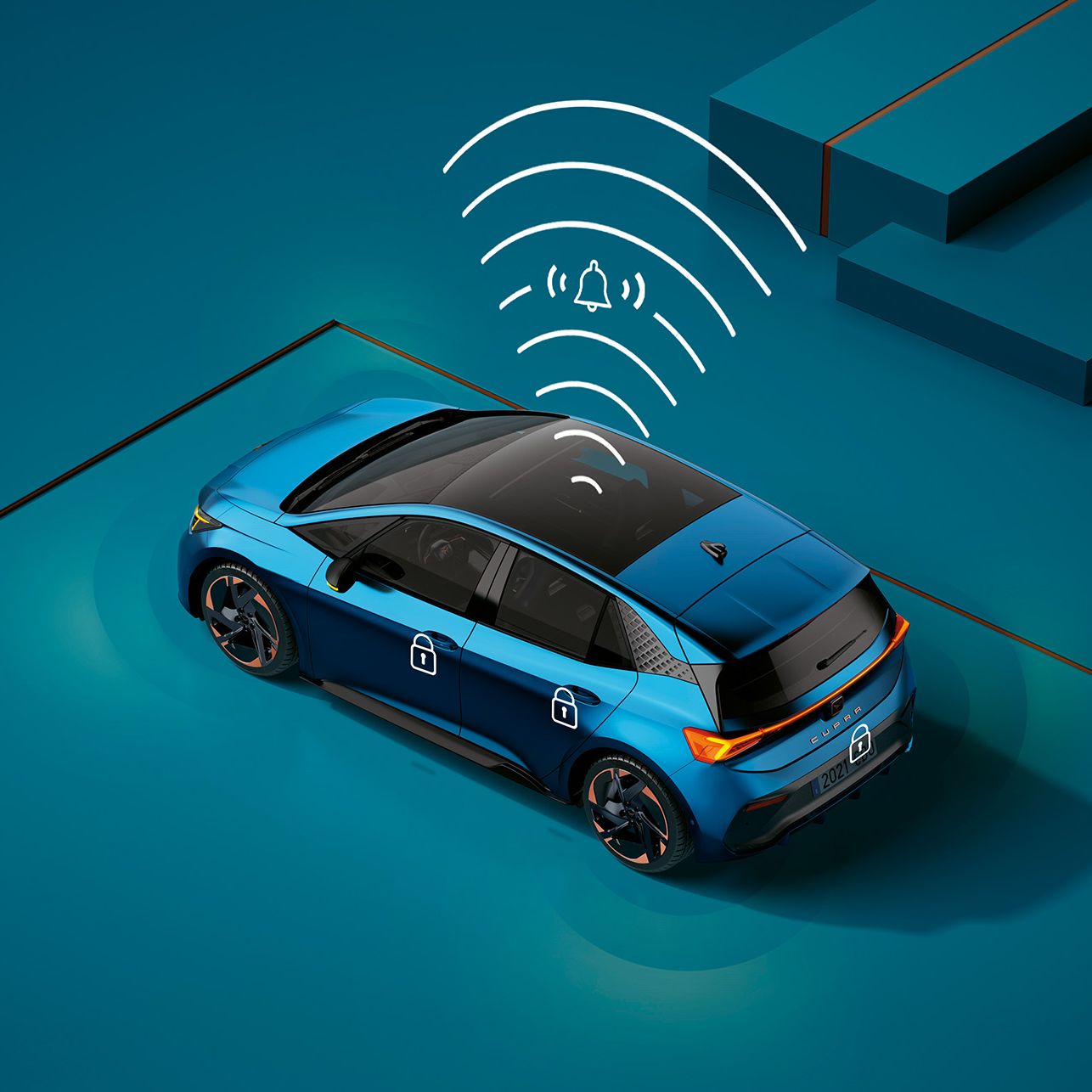 CUPRA Born na cor azul aurora com sistema de alarme