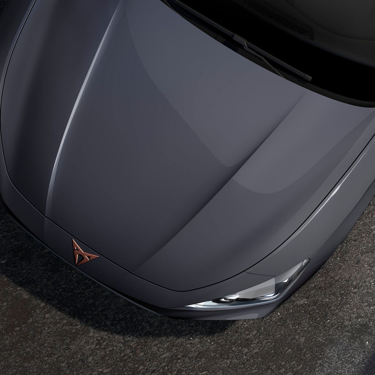bird’s eye view of a graphene grey new Cupra Leon 2025 car hood