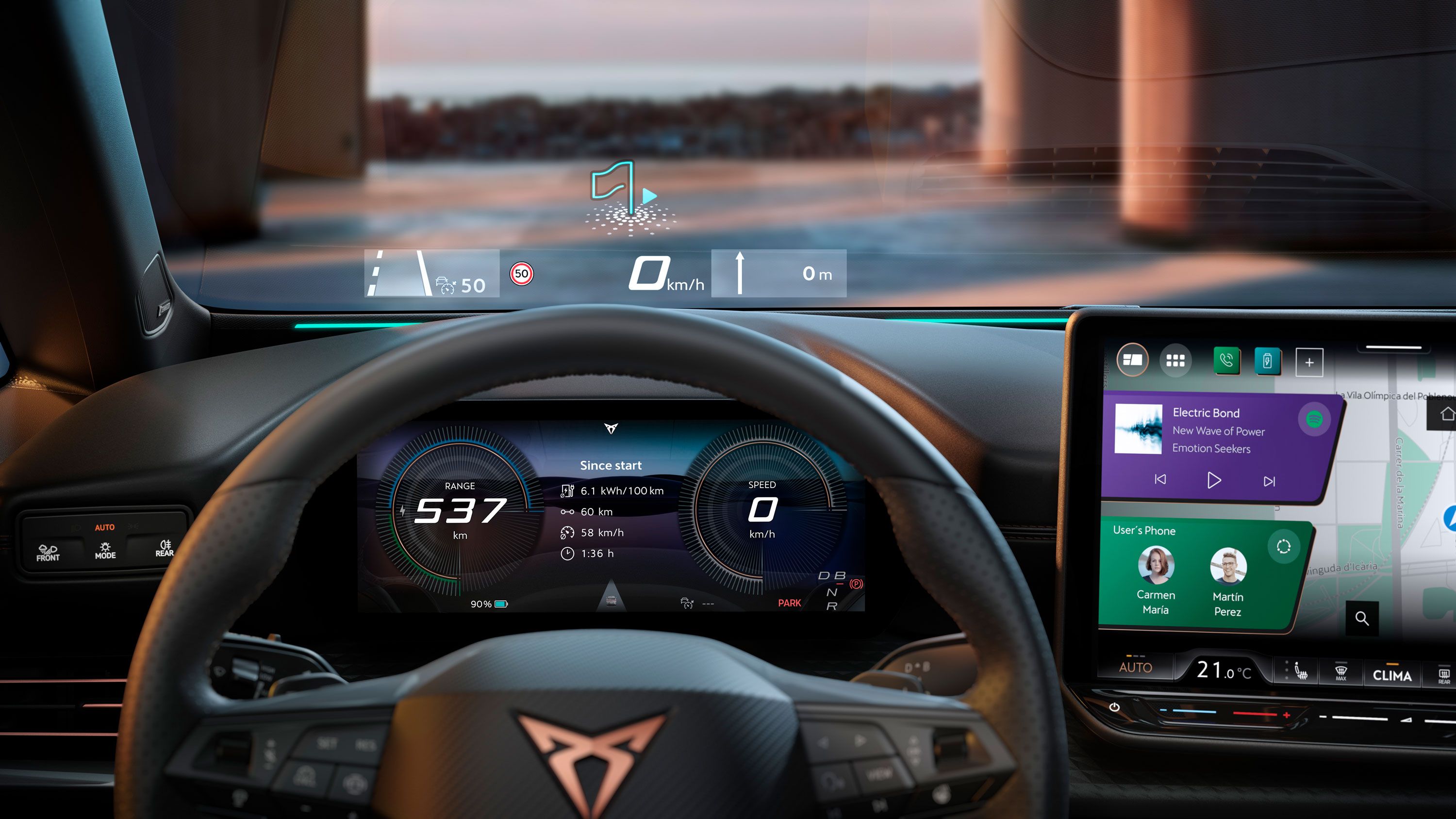 Sinais visuais e alertas projetados pelo AR‑HUD no para-brisas do CUPRA Born VZ
