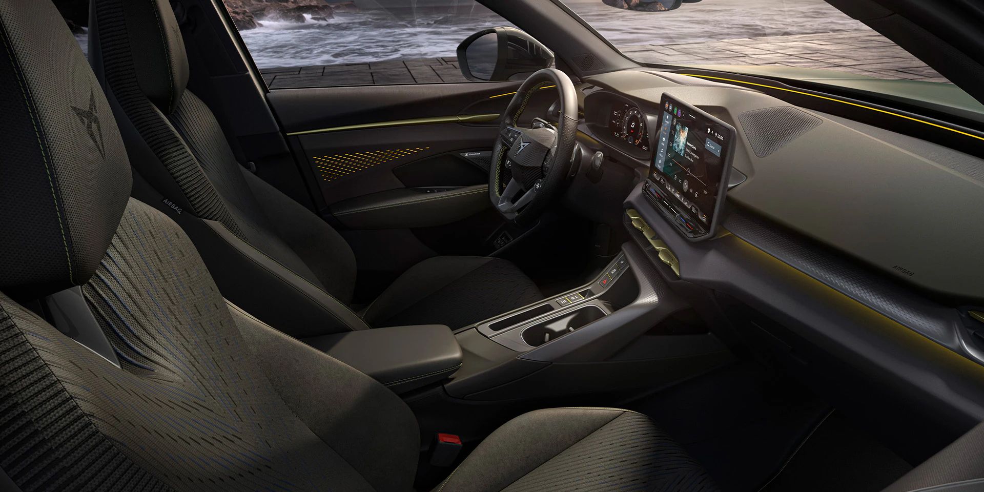 Vista interior do Cupra Terramar, com os novos estofos Tribe, concebidos com uma estética sofisticada e fabricados com tecnologia 3D-knitting