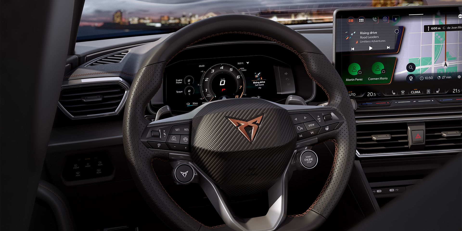 novo cupra leon volante intelligent drive com comandos satélite, tecnologia de segurança sistemas de assistência avançados, cruise control adaptativo, manutenção da faixa de rodagem e visualização dinâmica em direto dos sinais de trânsito