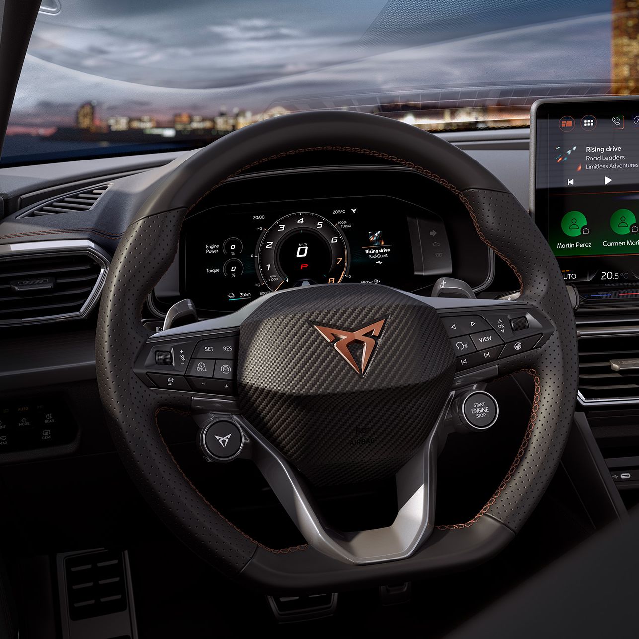 novo cupra leon volante intelligent drive com comandos satélite, tecnologia de segurança sistemas de assistência avançados, cruise control adaptativo, manutenção da faixa de rodagem e visualização dinâmica em direto dos sinais de trânsito