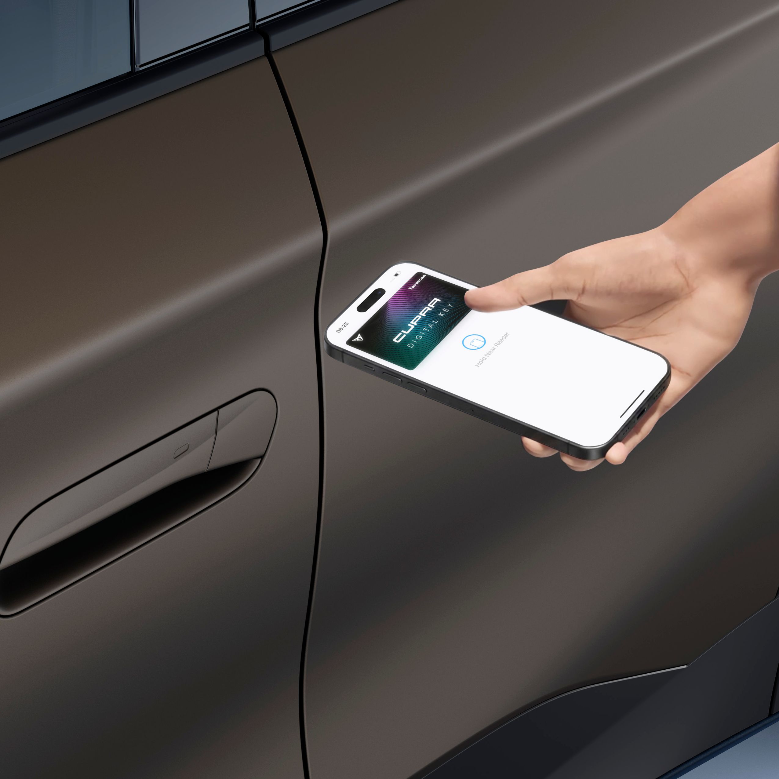 CUPRA Tavascan VZ com chave digital móvel no telemóvel, na cor Century Bronze
