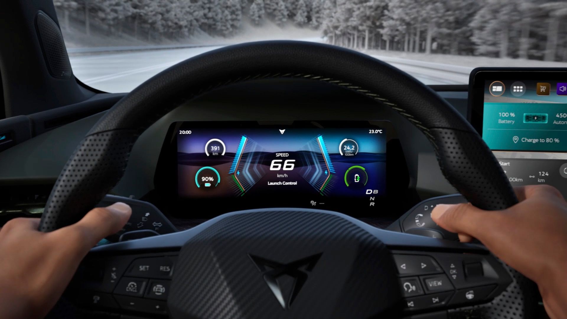 Interior do CUPRA Raval VZ a destacar as funcionalidades do Pack Light & Sound.