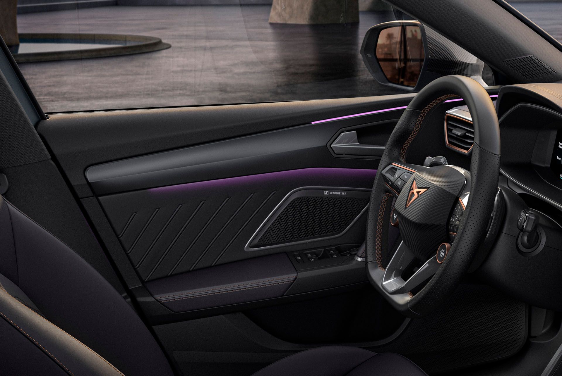 grande plano do design interior do novo cupra leon sportstourer 2024, volante, painel da porta, iluminação ambiente, logótipo cupra e janela