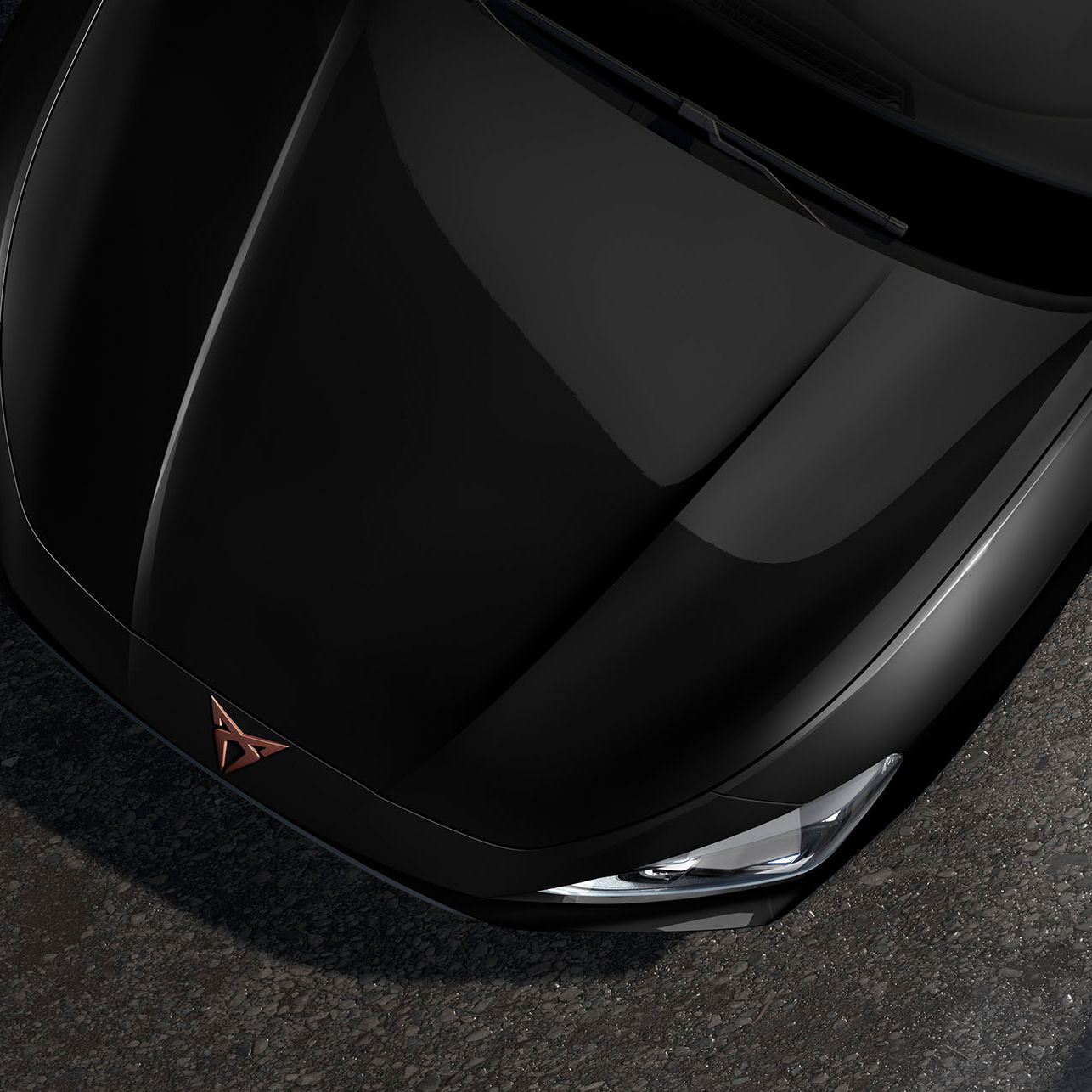 bird’s eye view of a midnight black new Cupra Leon 2025 car hood.