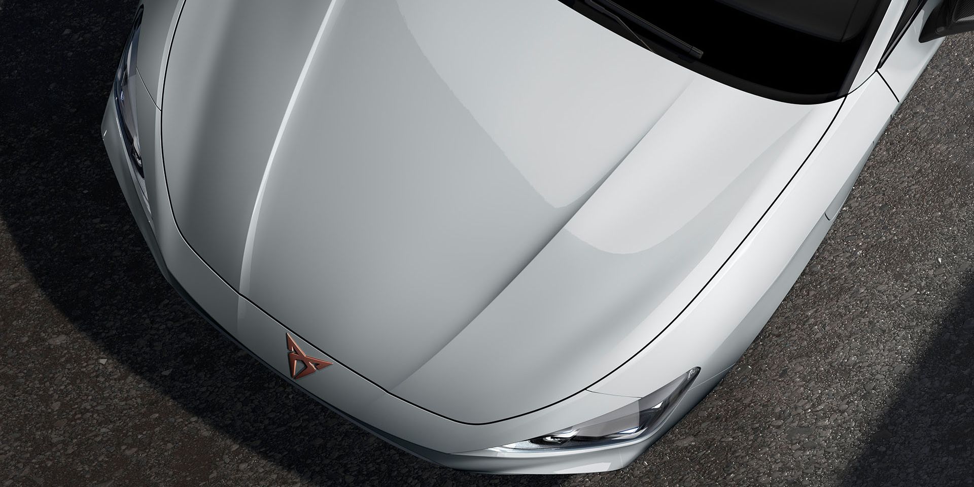 bird’s eye view of a glacial grey new Cupra Leon 2025 car hood