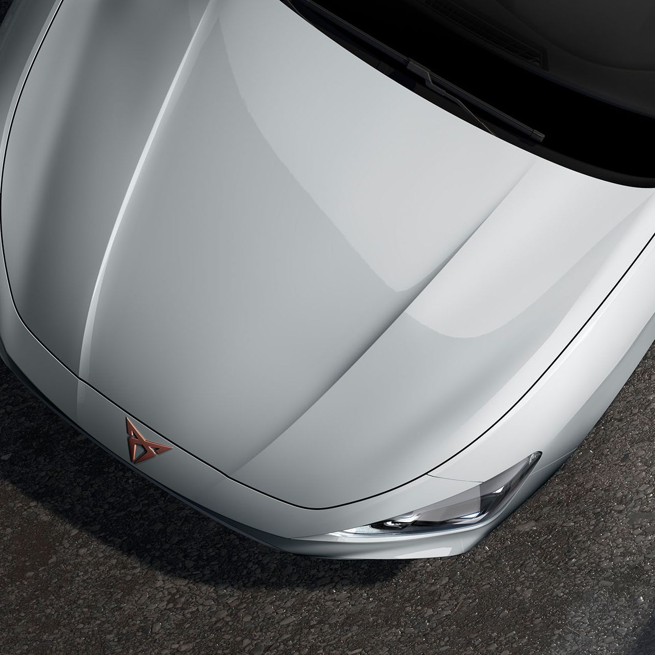 bird’s eye view of a glacial grey new Cupra Leon 2025 car hood