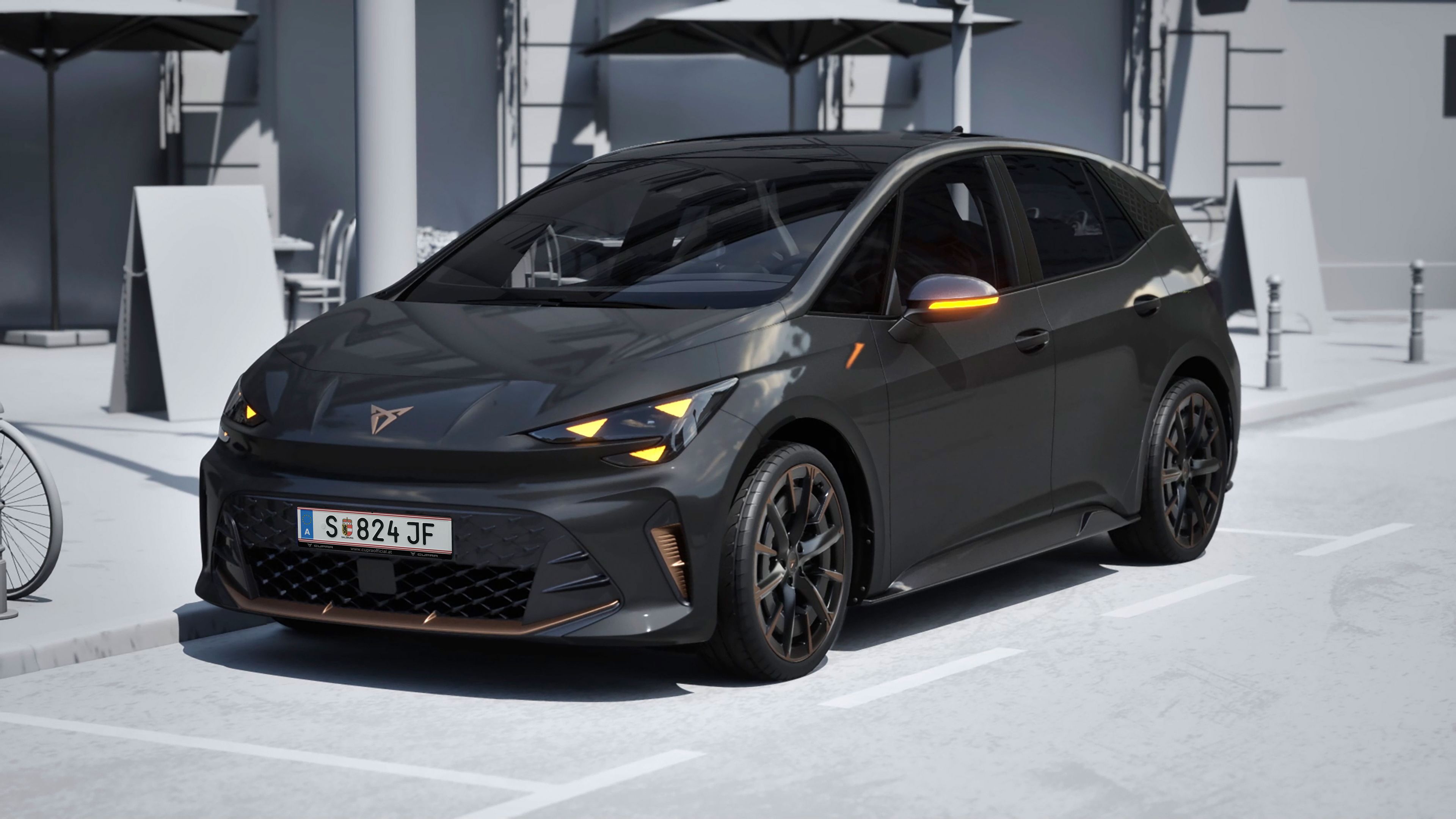 Imagem frontal do CUPRA Born em cinzento Timanfaya, durante a noite, a destacar o desempenho dos exclusivos faróis Matrix CUPRA LED, que proporcionam um feixe de luz preciso, nítido e adaptativo.