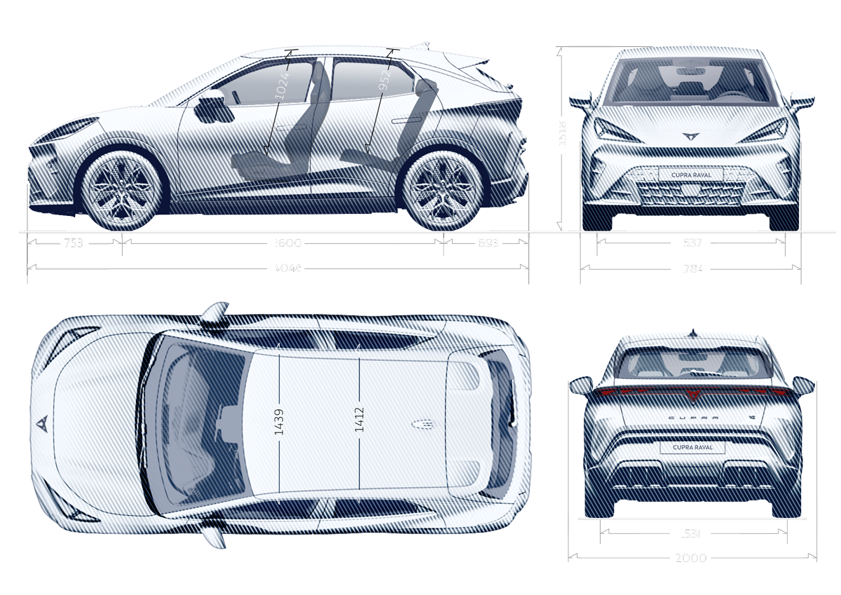 Detalhes das dimensões do CUPRA Raval VZ