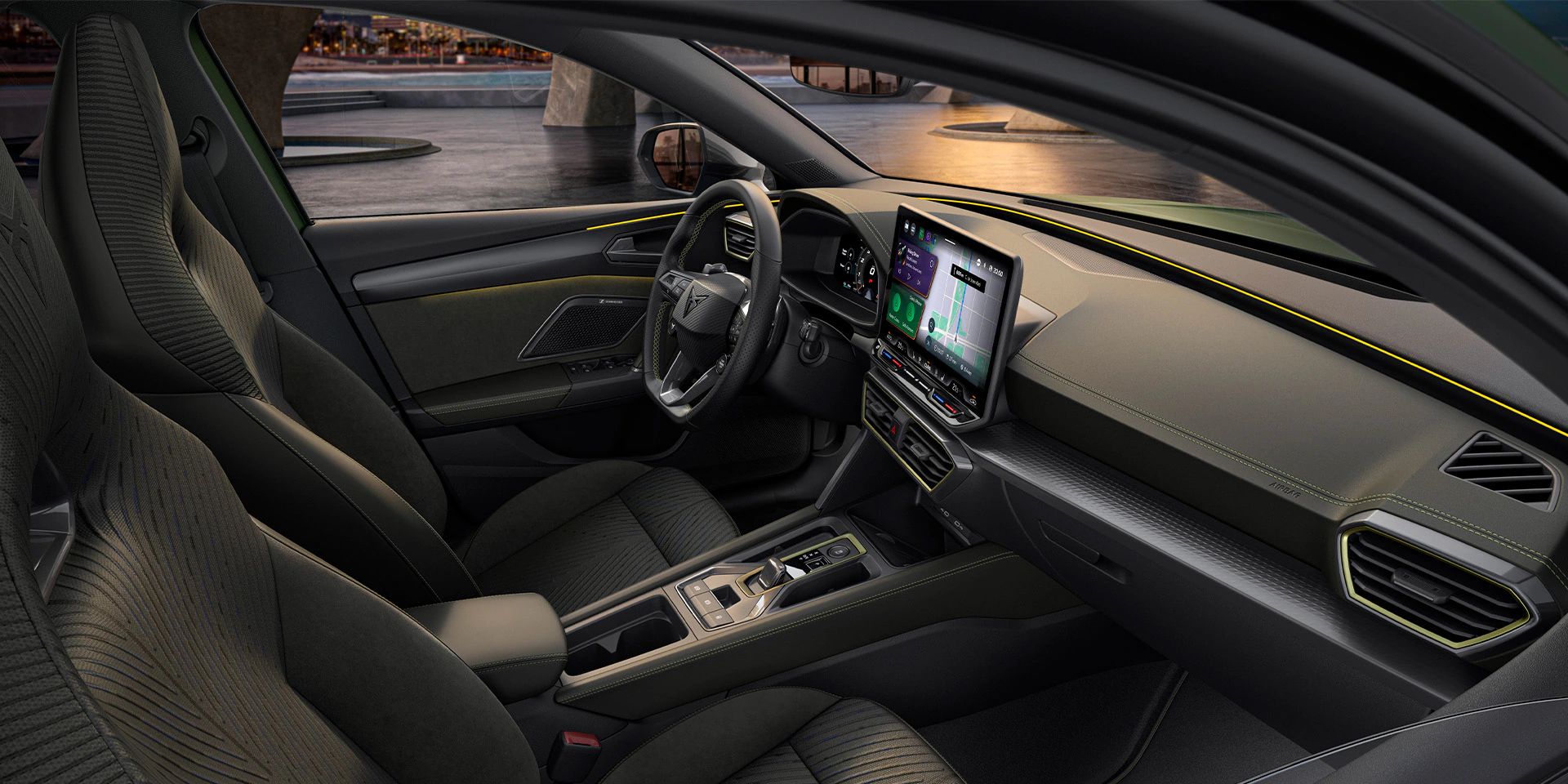 Design interior do novo CUPRA Leon 2025 com estofos TRIBE, fabricados com tecnologia 3D Knitting.