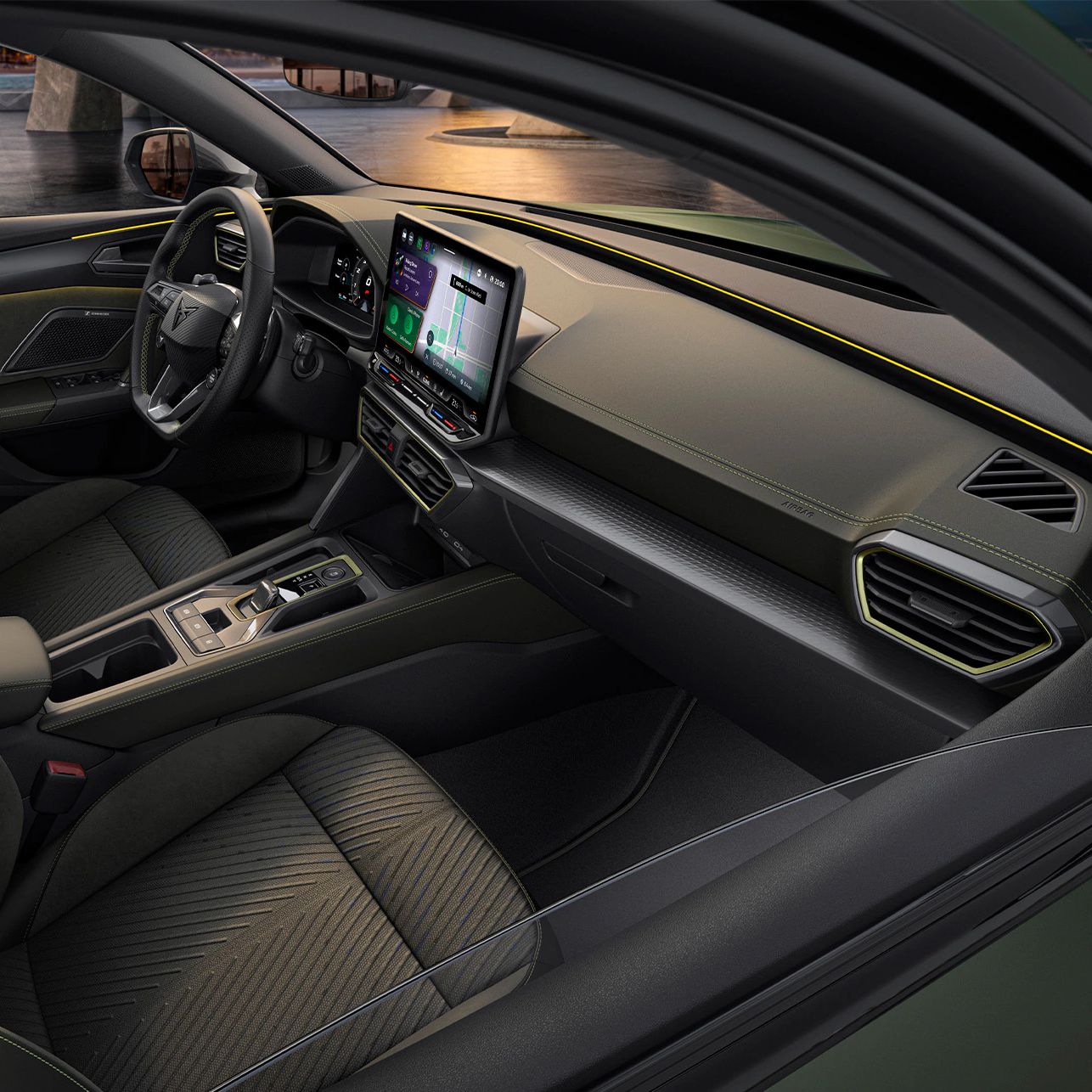 Design interior do novo CUPRA Leon 2025 com estofos TRIBE, fabricados com tecnologia 3D Knitting.