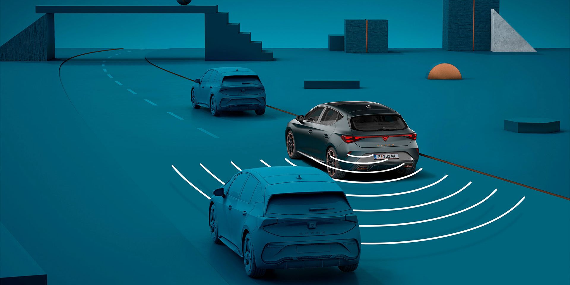 como utilizar o novo sistema de aviso de saída do cupra leon sportstourer 2025, demonstração visual com formas e fundo azul