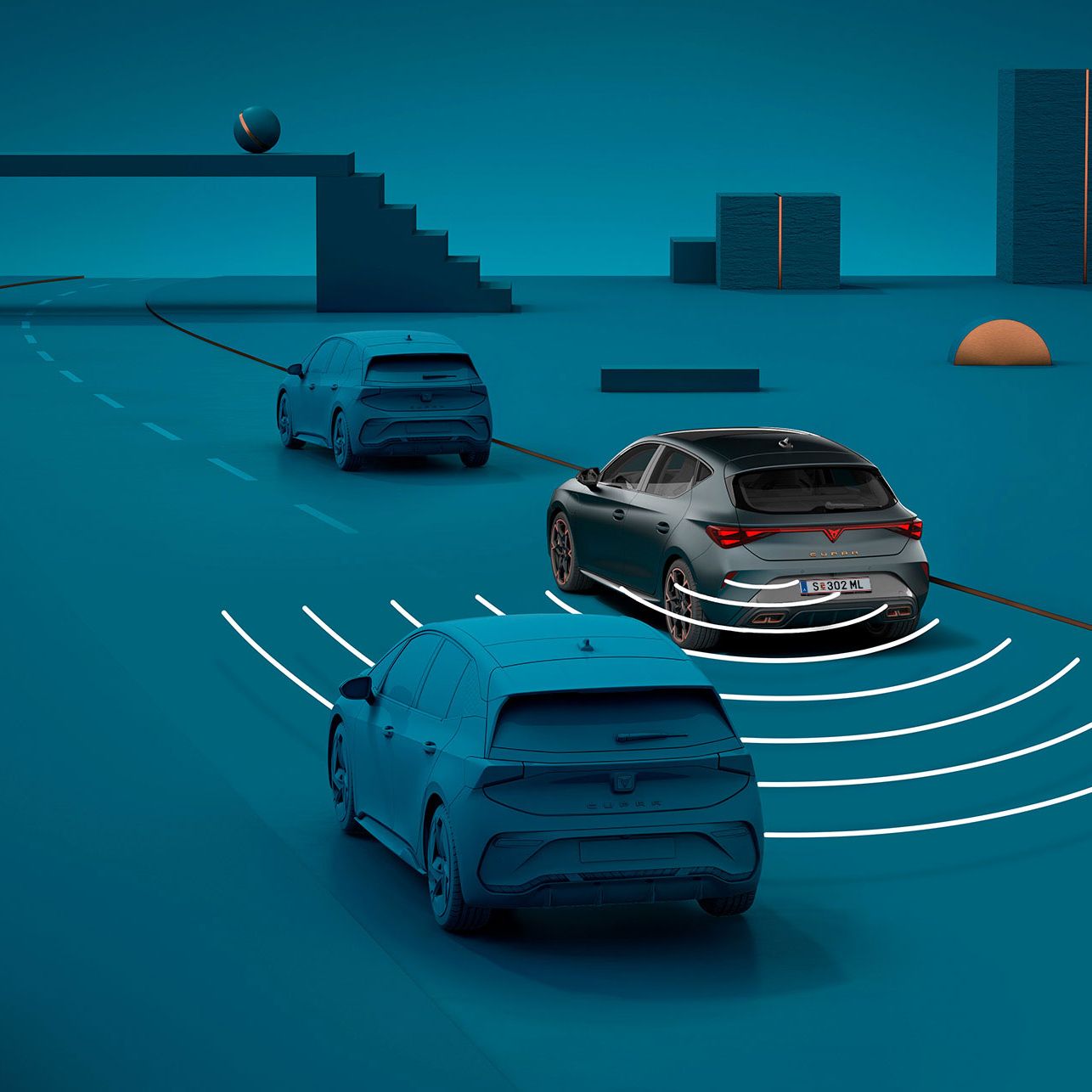 como utilizar o novo sistema de aviso de saída do cupra leon sportstourer 2025, demonstração visual com formas e fundo azul