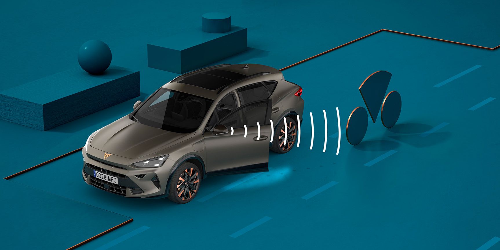 Novo sistema de aviso de saída CUPRA Formentor, demonstração visual com formas e fundo azul