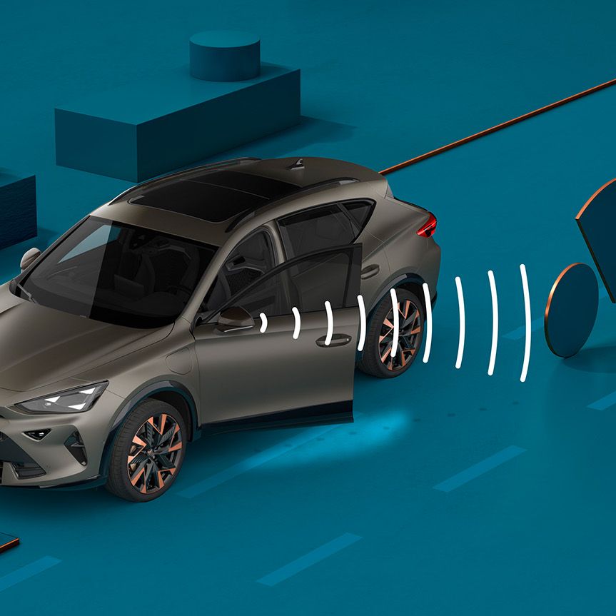 Novo sistema de aviso de saída CUPRA Formentor, demonstração visual com formas e fundo azul
