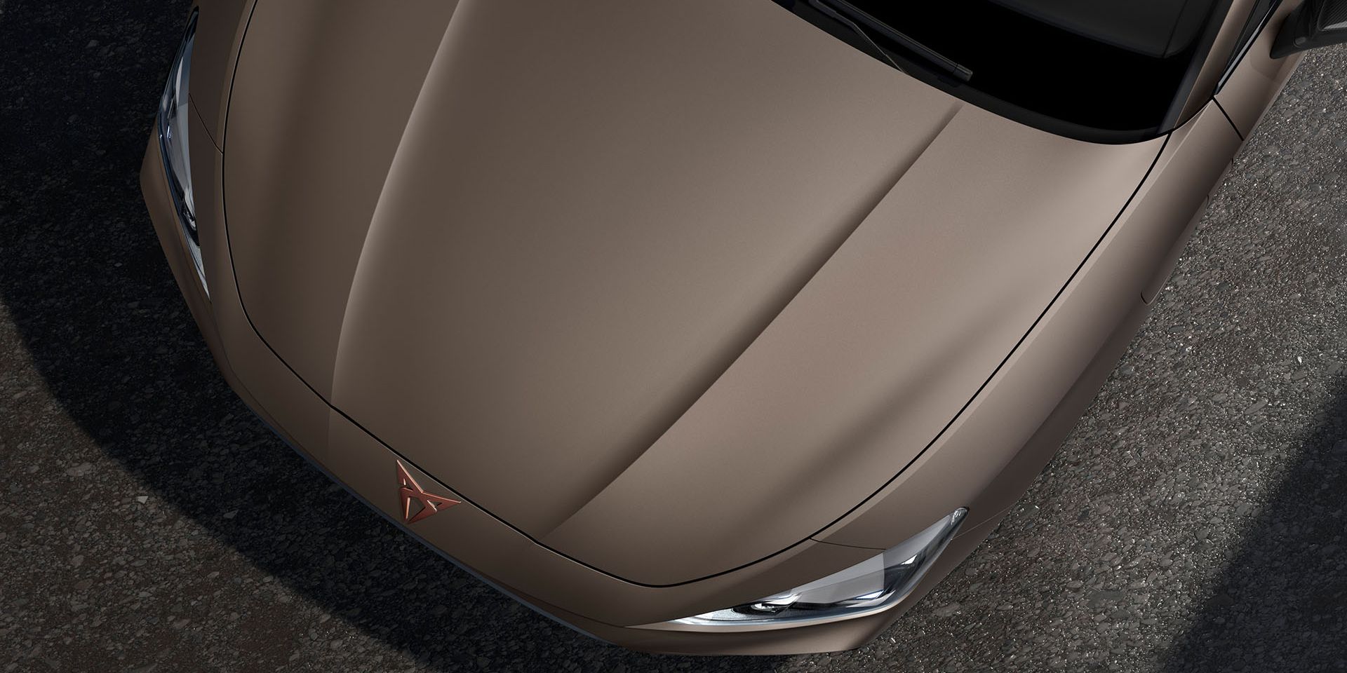 bird’s eye view of a century bronze matt new Cupra Leon 2025 car hood 