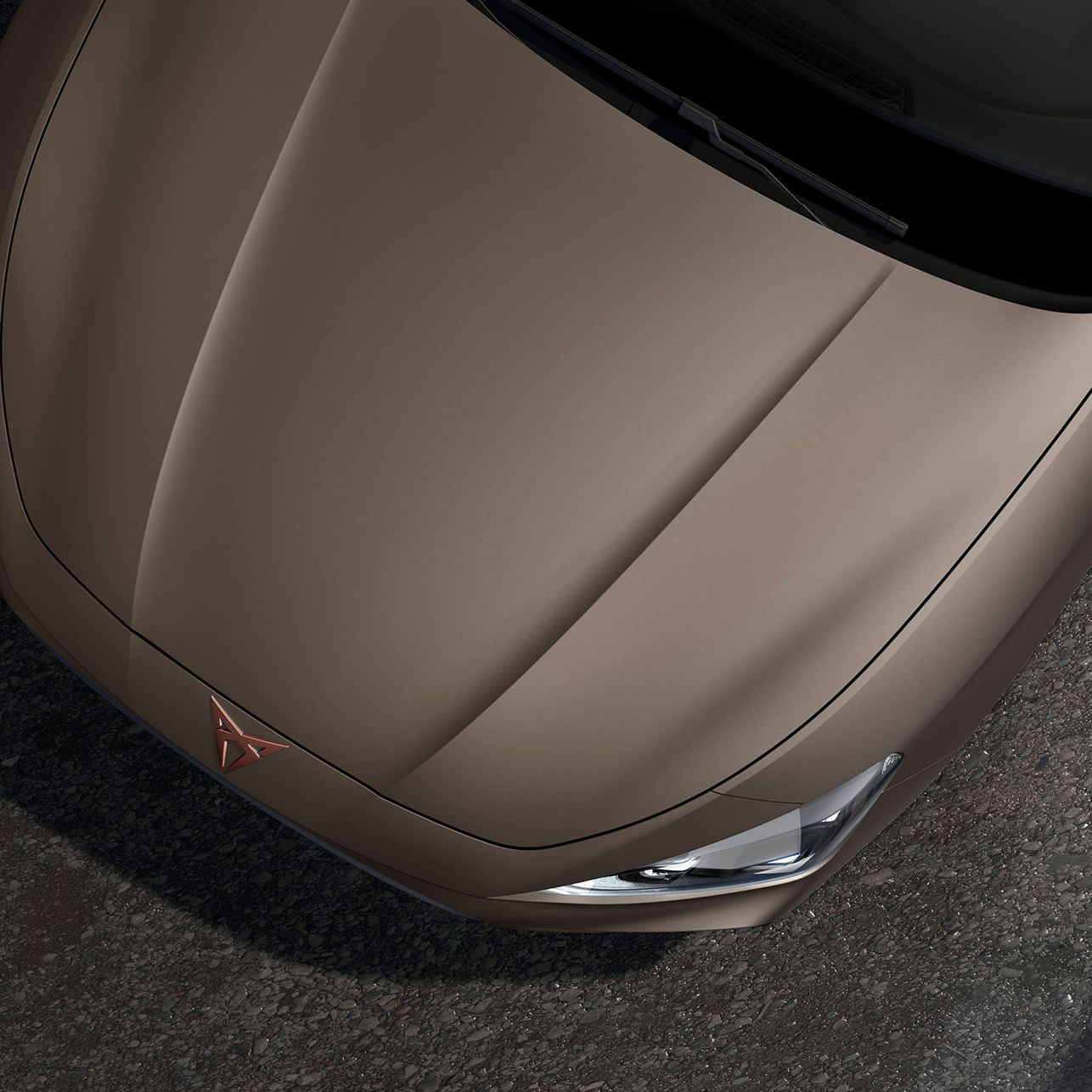 bird’s eye view of a century bronze matt new Cupra Leon 2025 car hood 
