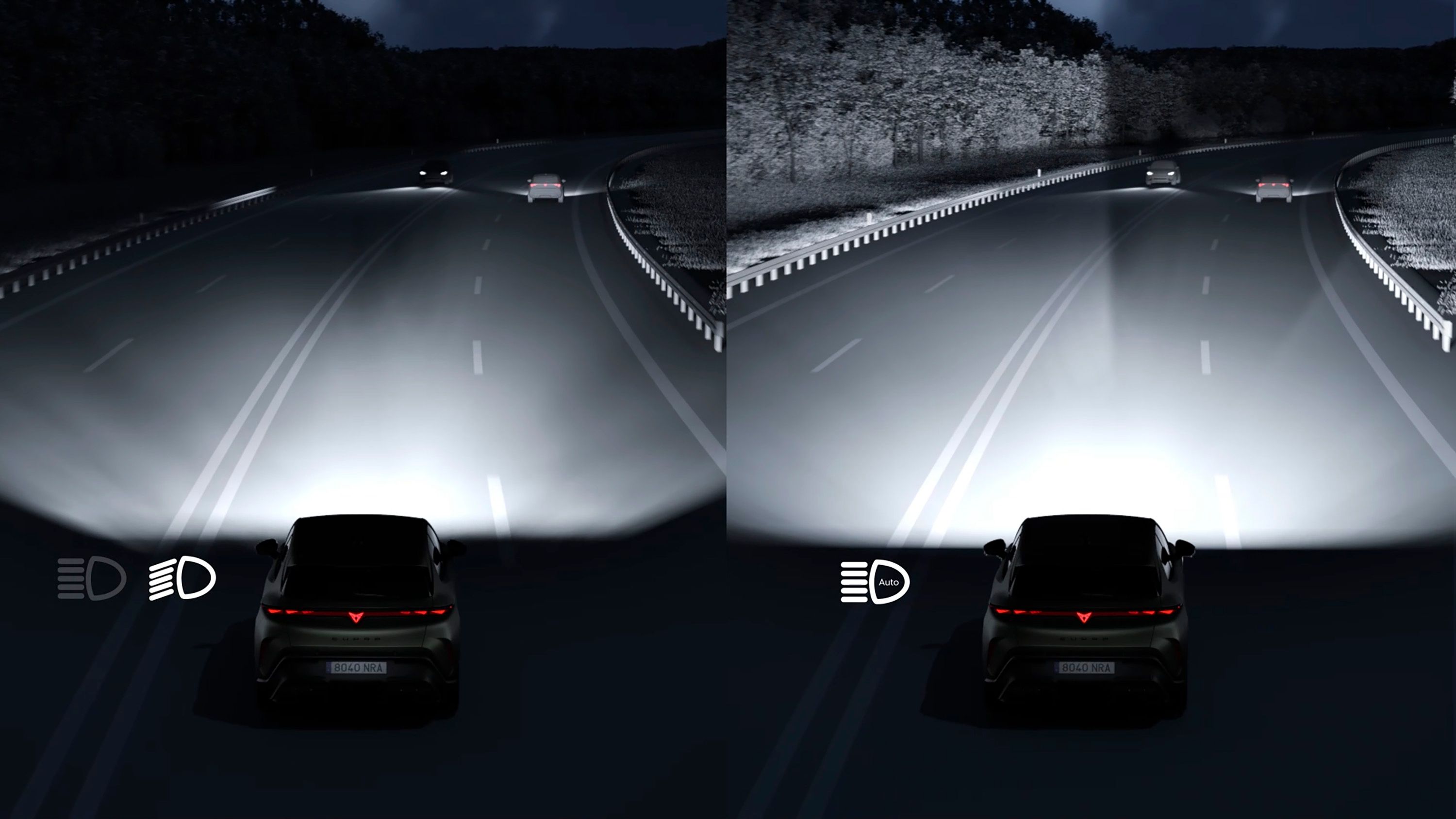 Os faróis Matrix LED do CUPRA Raval VZ destacam o seu design e funcionalidade.