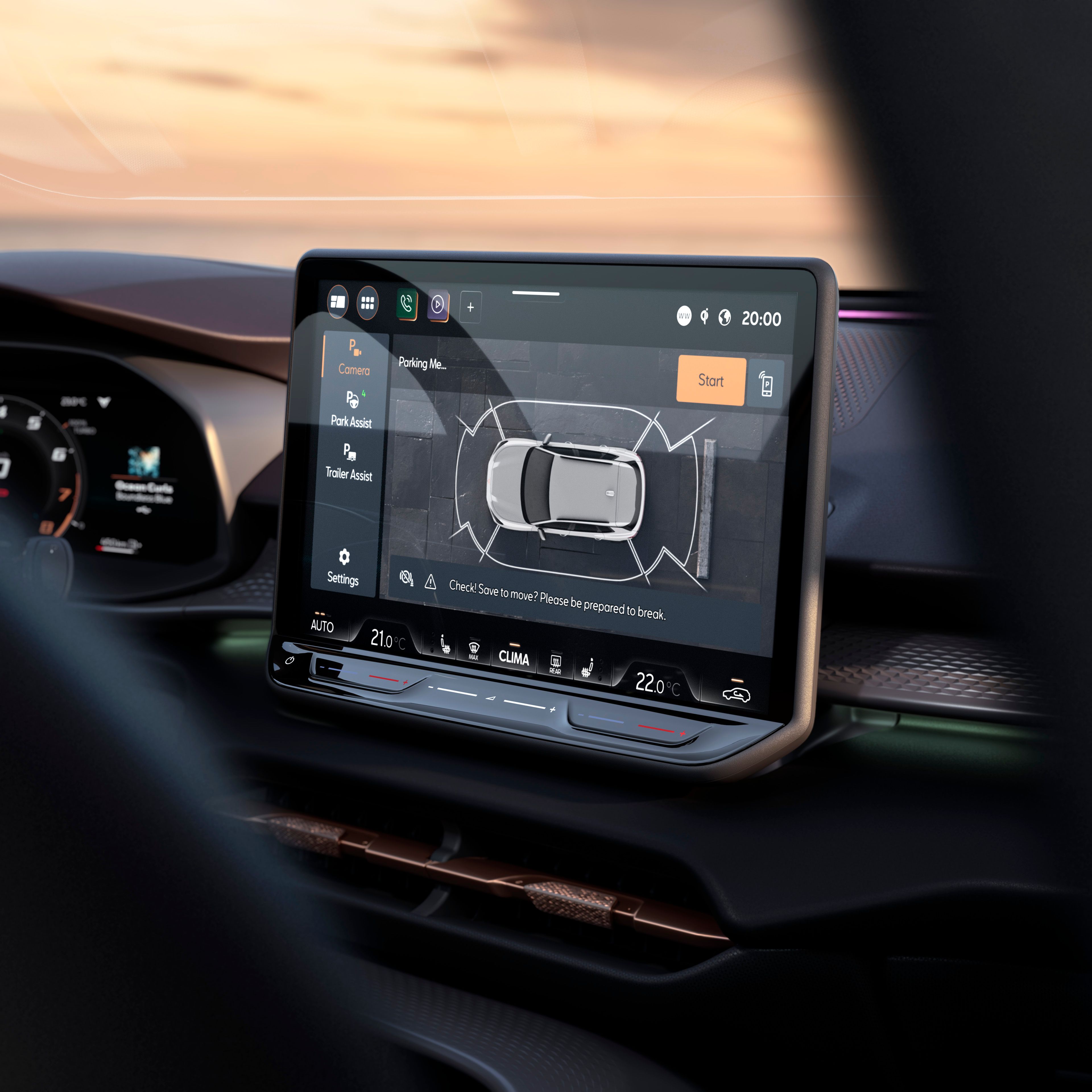 Sistema de info-entretenimento do CUPRA Terramar com destaque para a câmara top view.