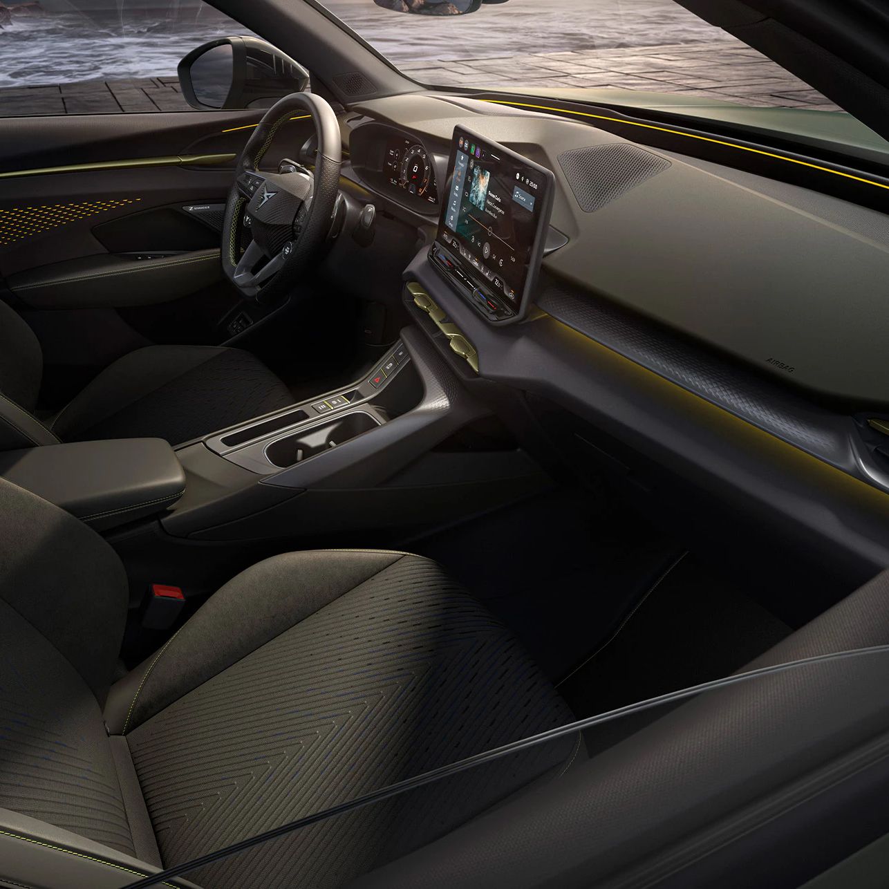 Vista interior do Cupra Terramar, com os novos estofos Tribe, concebidos com uma estética sofisticada e fabricados com tecnologia 3D-knitting