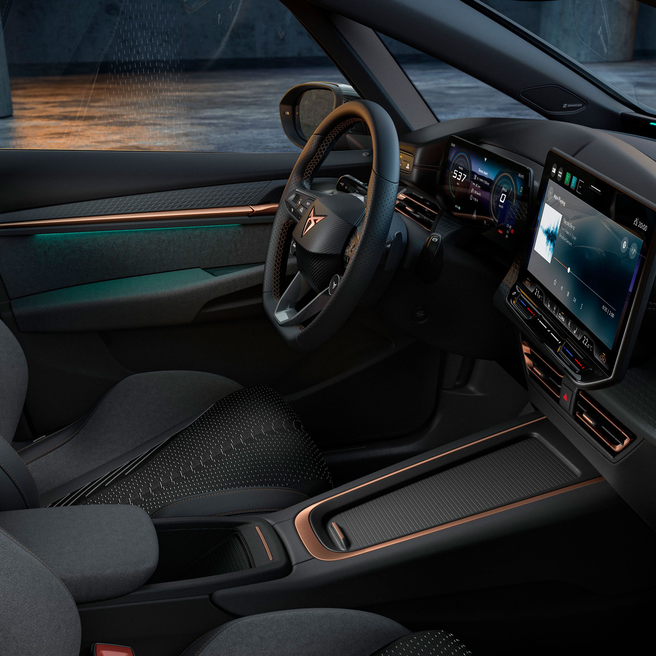 Innenansicht eines CUPRA Born mit Lenkrad und Digital Cockpit