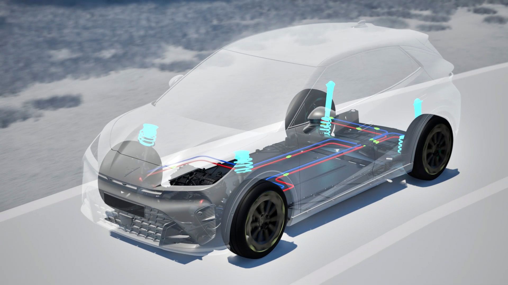 Vista exterior do CUPRA Raval VZ a destacar as funcionalidades do Rebel Pack, incluindo o DCC, os sport knuckles e o sistema e VAQ.