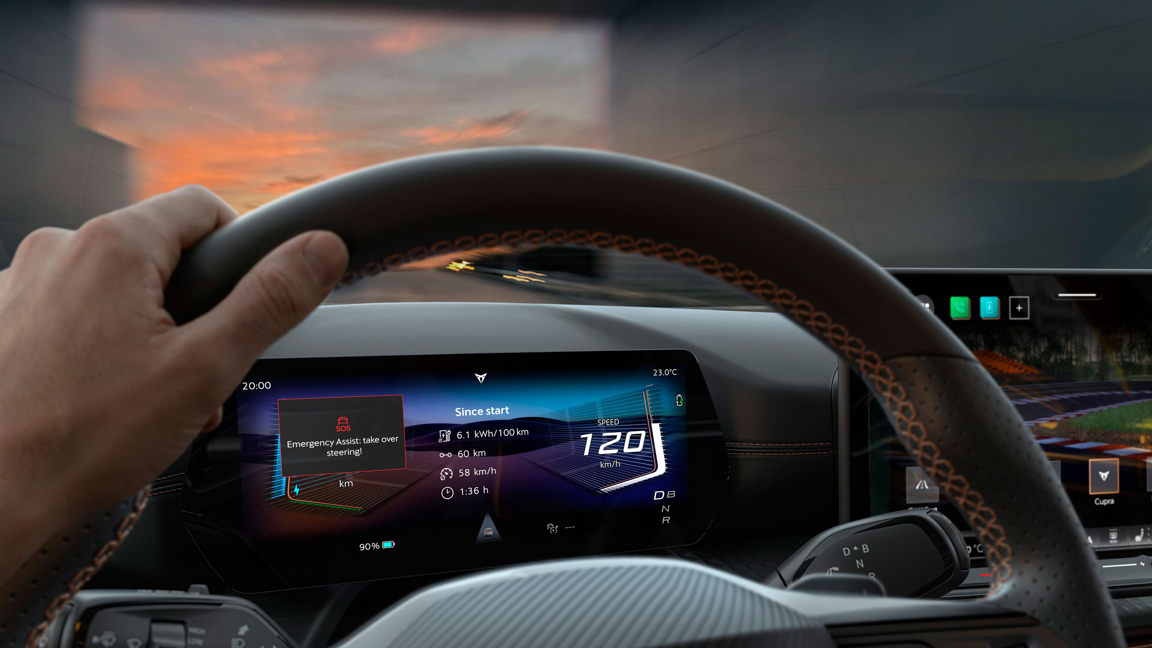 Vista interior do novo CUPRA Born VZ a destacar a funcionalidade Emergency Assist 3.6, que reforça a segurança ao volante.