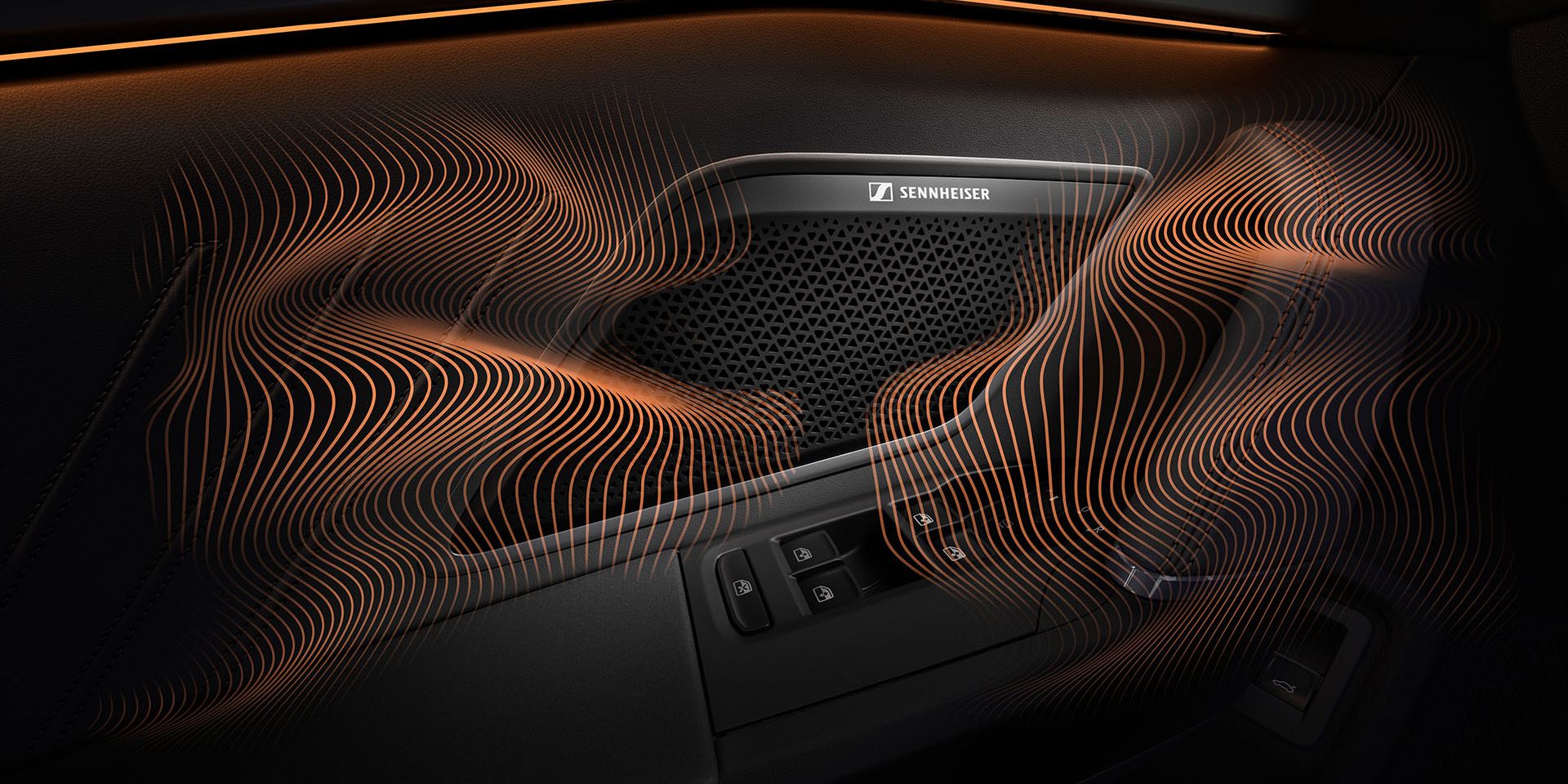 tecnologia do novo cupra leon phev, equipamento immersive by sennheiser. grande plano da coluna sennheiser no painel da porta do cupra leon, ondas sonoras e iluminação ambiente