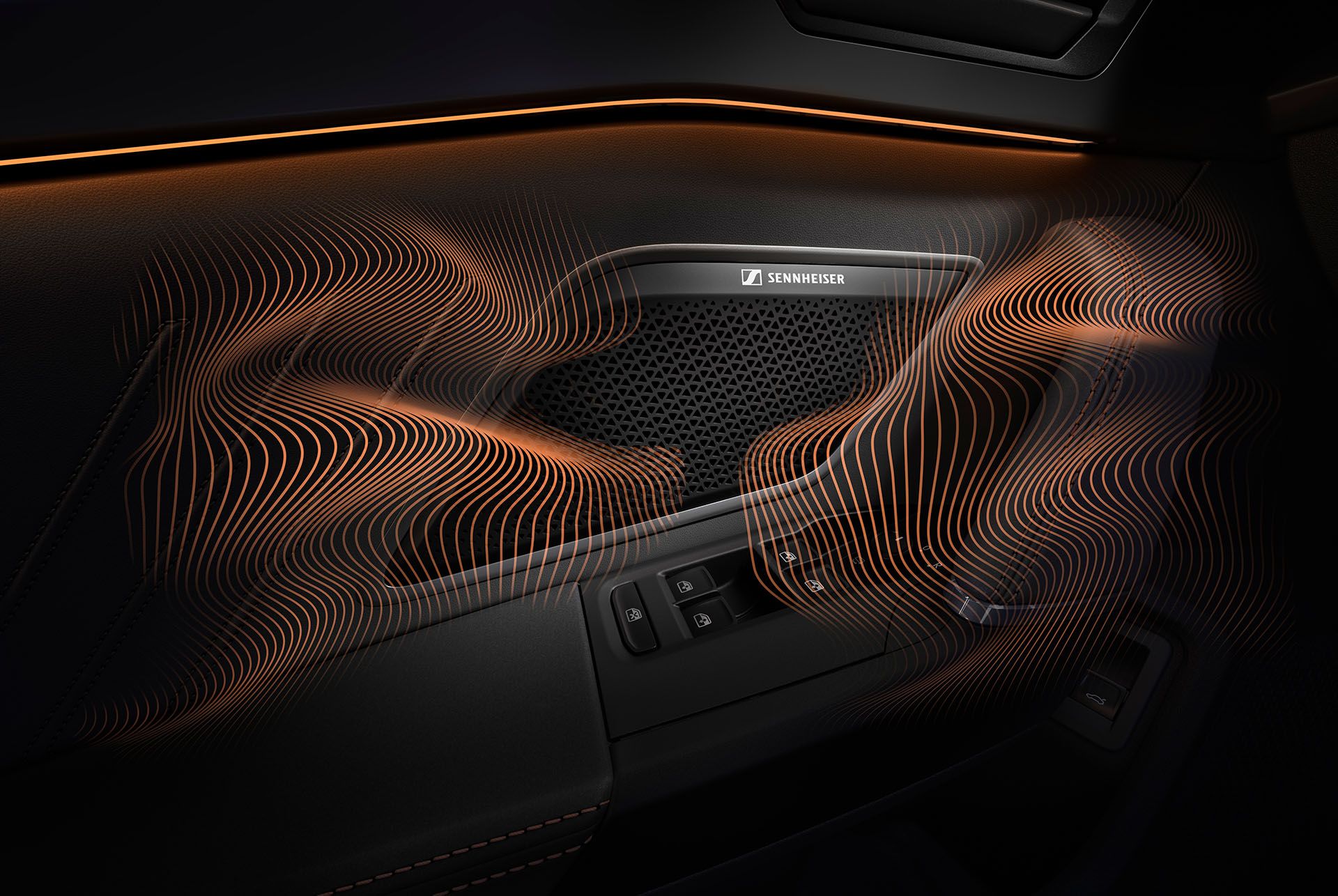 tecnologia do novo cupra leon phev, equipamento immersive by sennheiser. grande plano da coluna sennheiser no painel da porta do cupra leon, ondas sonoras e iluminação ambiente