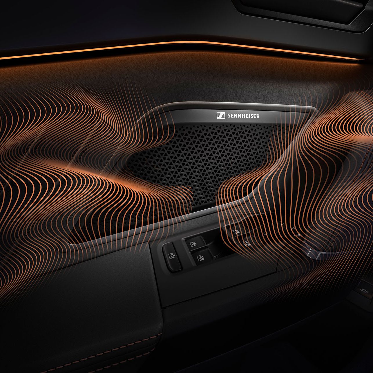 tecnologia do novo cupra leon phev, equipamento immersive by sennheiser. grande plano da coluna sennheiser no painel da porta do cupra leon, ondas sonoras e iluminação ambiente