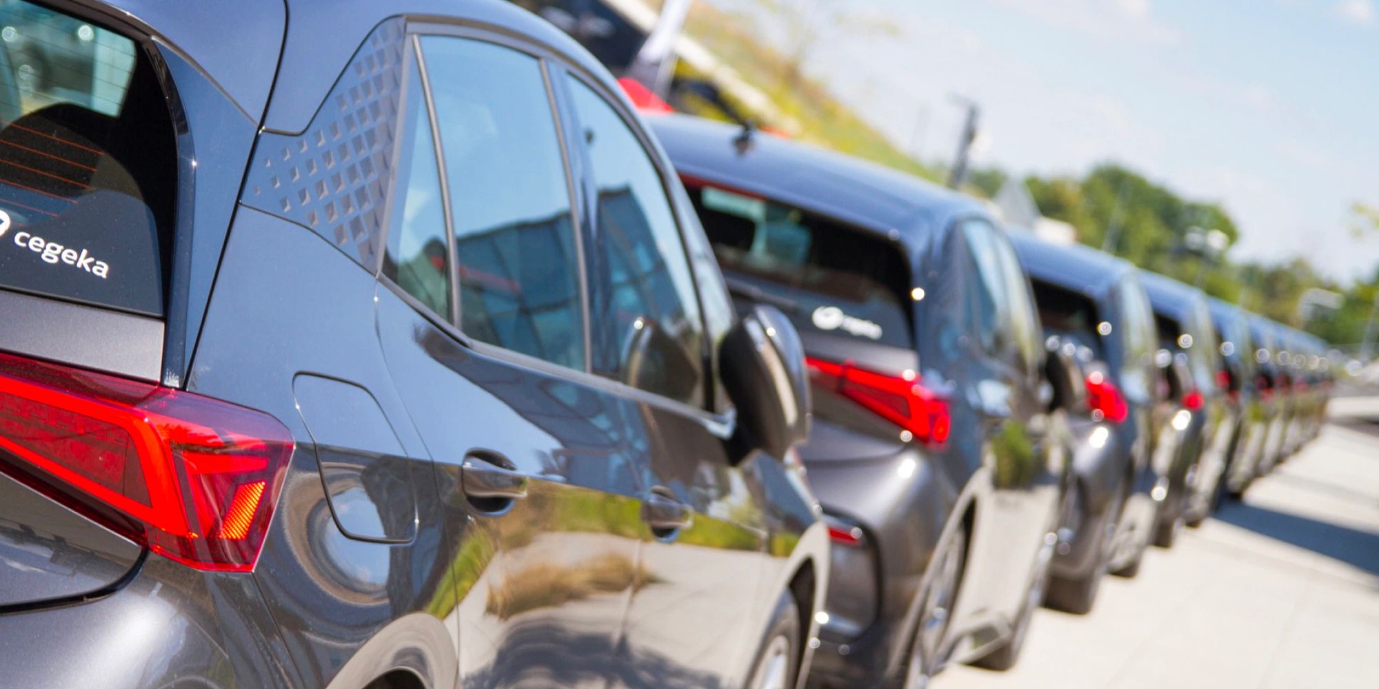 Fila de CUPRA Born com branding Cegeka estacionados em linha junto a edifício moderno num dia de sol.