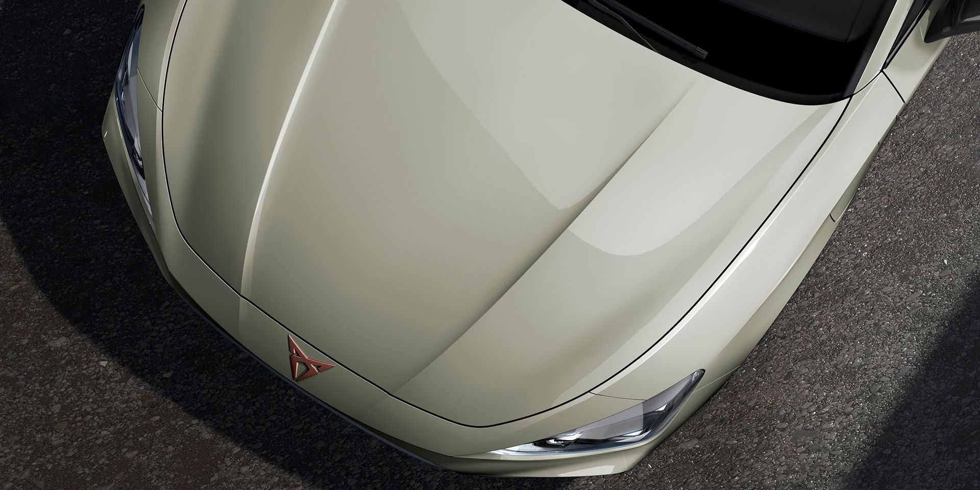 bird’s eye view of a taiga grey new Cupra Leon 2025 car hood.