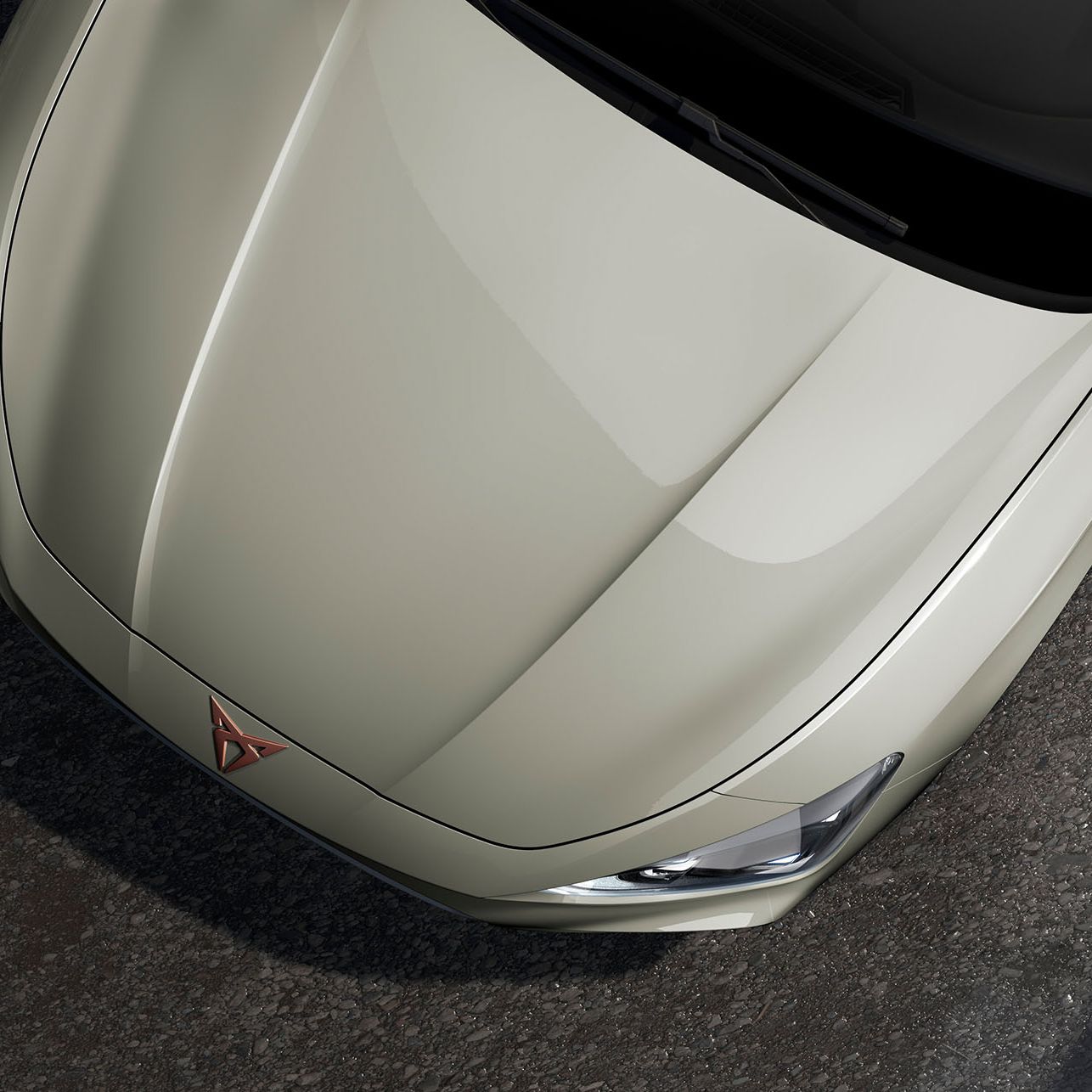 bird’s eye view of a taiga grey new Cupra Leon 2025 car hood.