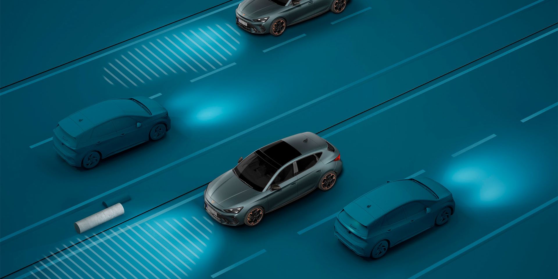 demonstração da assistência à luz do novo cupra leon sportstourer 2025, demonstração visual com fundo azul