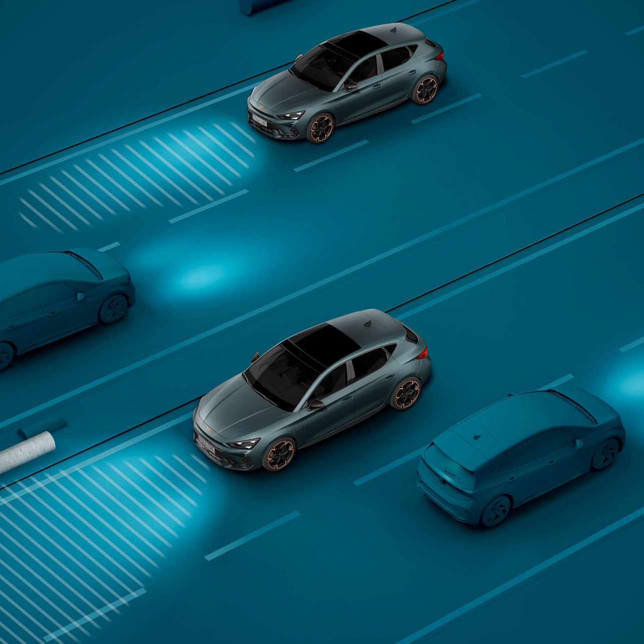 demonstração da assistência à luz do novo cupra leon sportstourer 2025, demonstração visual com fundo azul