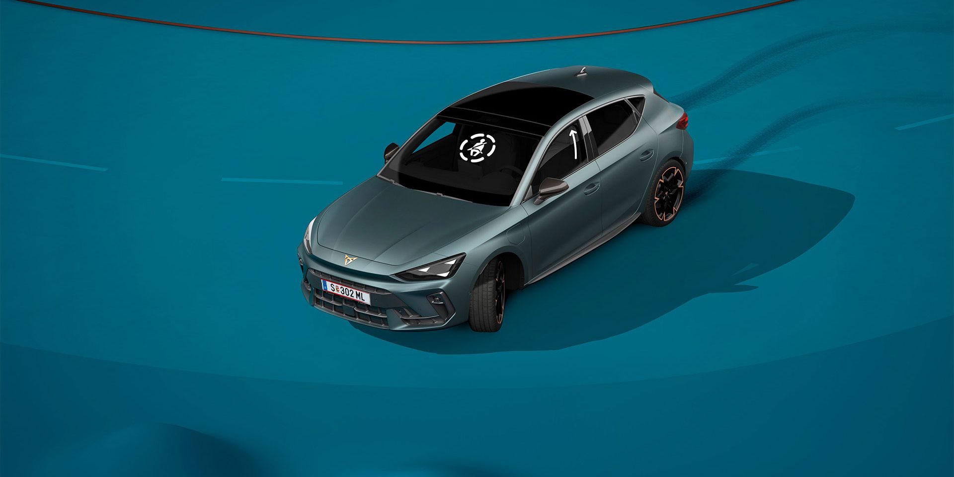 como utilizar o sistema de assistência pré-colisão do novo cupra leon sportstourer 2025, demonstração visual com formas e fundo azul