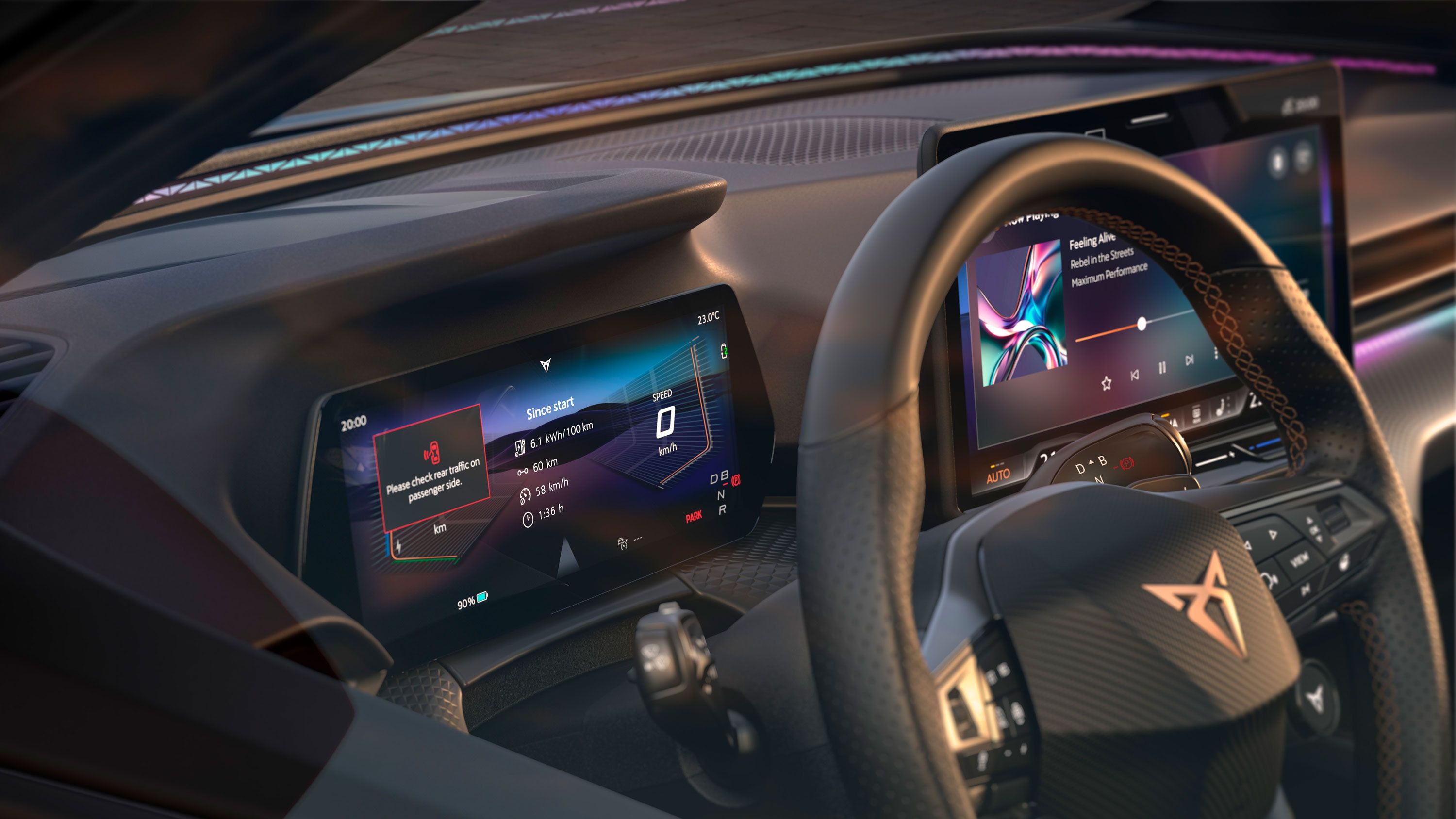 Vista interior do CUPRA Raval VZ a destacar o cockpit digital e a funcionalidade Assistente de Emergência.