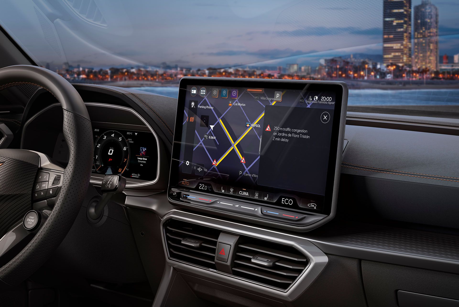 grande plano do interior do novo cupra formentor 2025, sistema de infotainment, painel de instrumentos, saída de ar e volante.