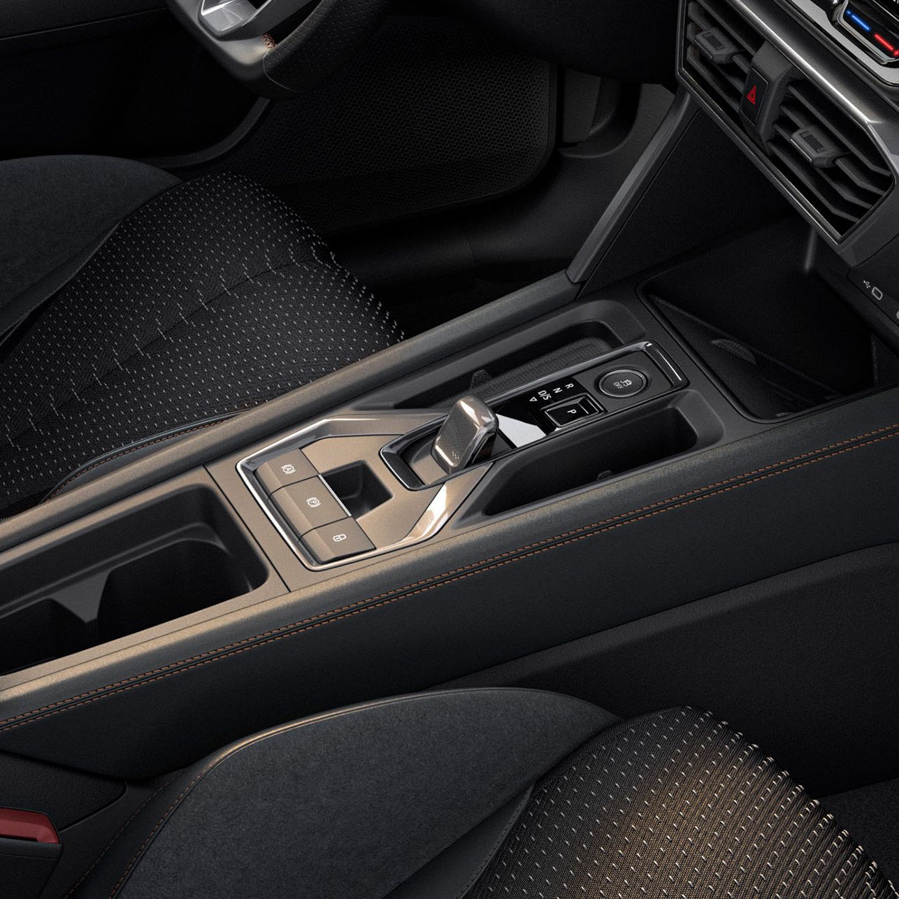 Grande plano do design interior do novo cupra leon hybrid, design da consola central, comandos cupra connect, costuras em cobre, acabamentos em preto e metalizado