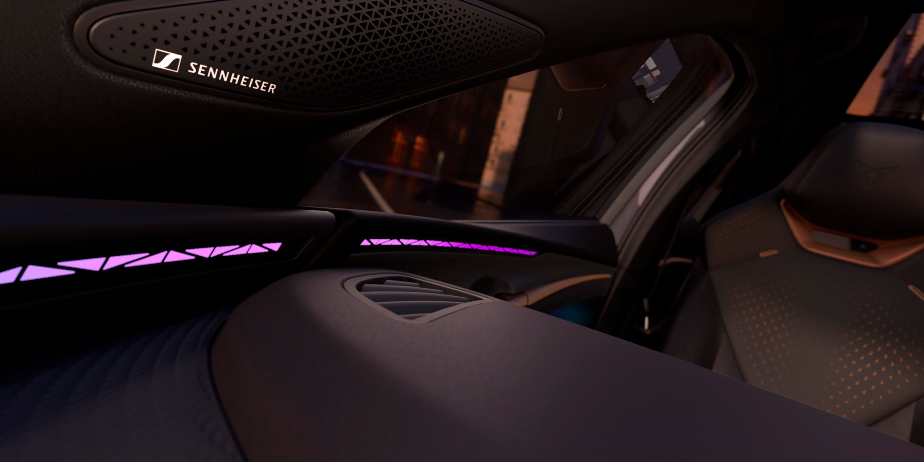 Innenansicht des CUPRA Raval mit Fokus auf End Sennheiser AMBEO Immersive Sound System 